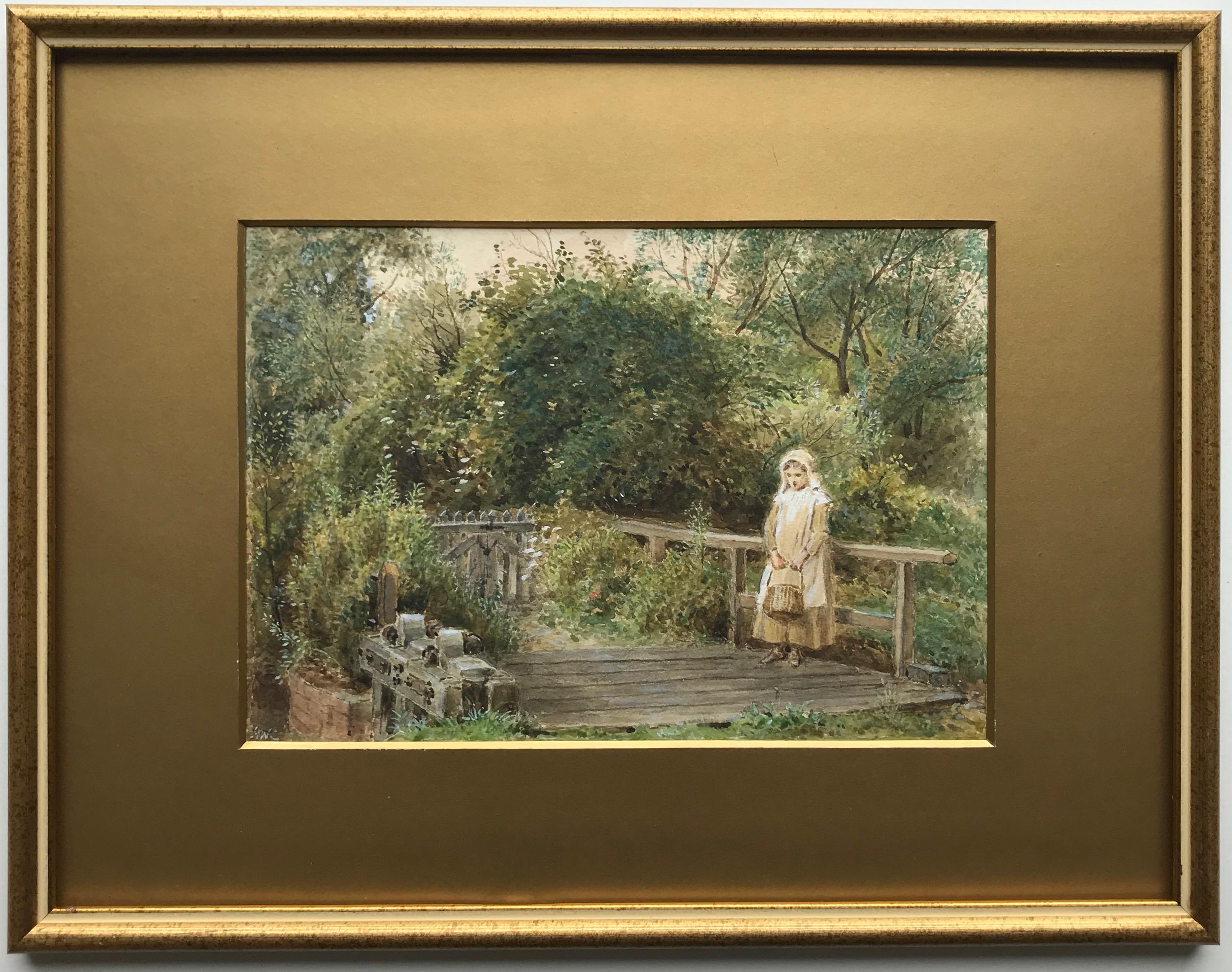 Alfred W Cooper, 19th Century
Waiting by the weir
Signed with initials
Watercolour with touches of gouache
6¾ x 9¾ inches
12 x 16 inches with the frame

A delightful Victorian scene with a young maiden waiting with her basket by the weir. Superbly