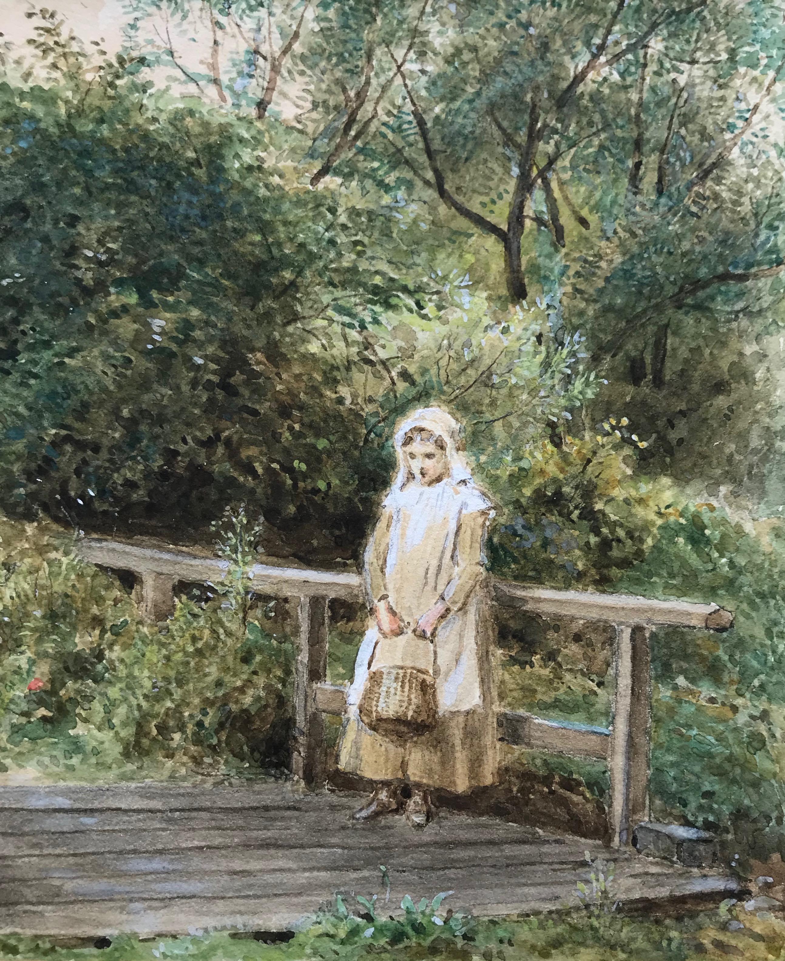 Alfred W Cooper, Young girl by a bridge, Victorian watercolor For Sale 1