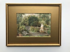 Alfred W Cooper, Jeune fille par un pont, aquarelle victorienne