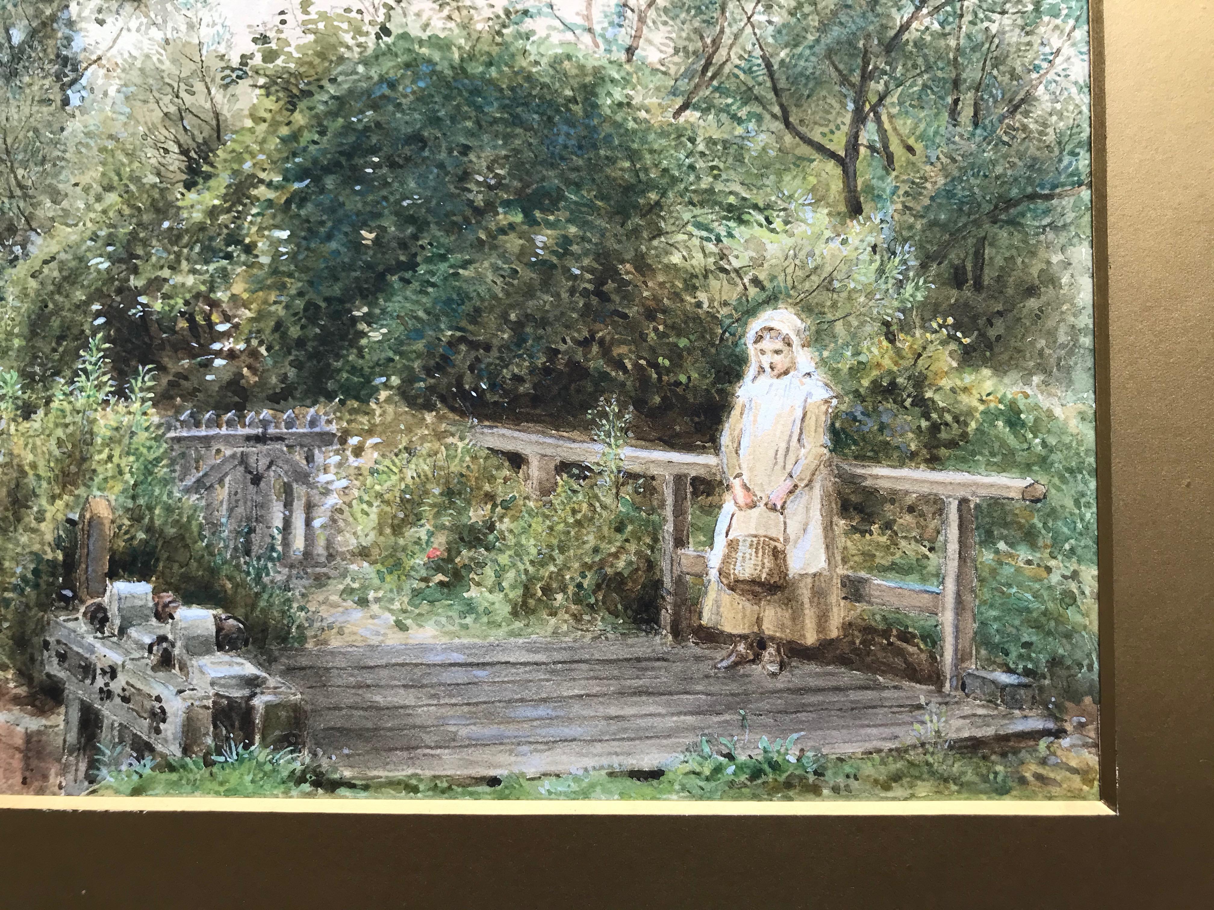 Alfred W Cooper, Young girl by a bridge, Victorian watercolor For Sale 3