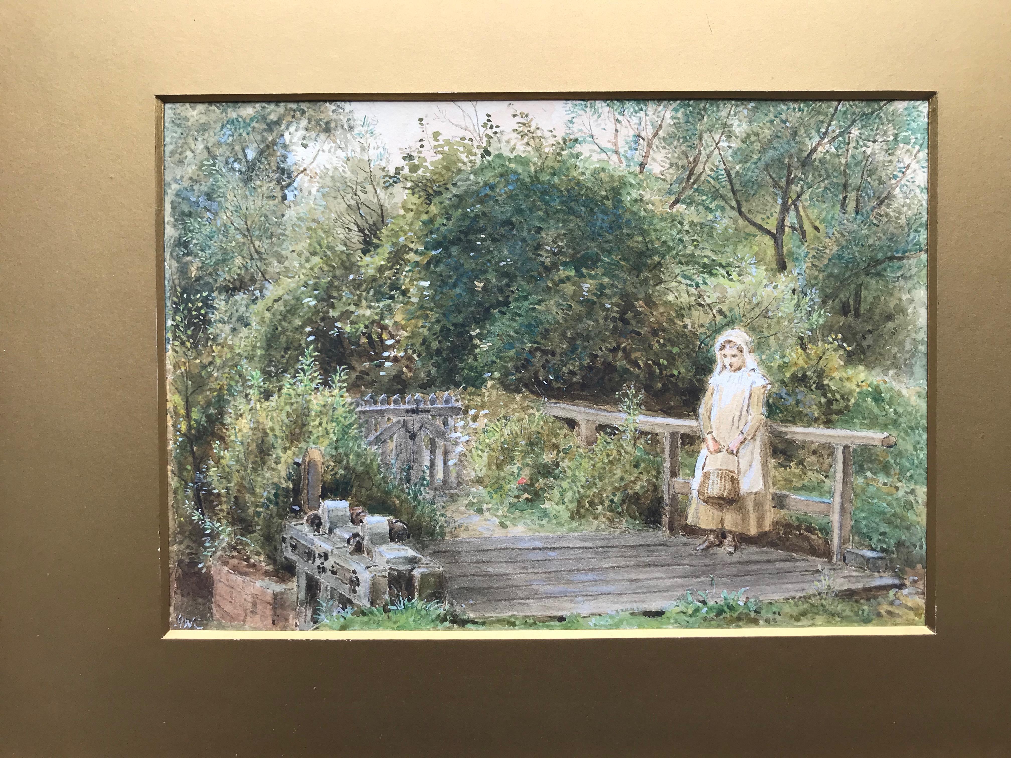 Alfred W Cooper, Young girl by a bridge, Victorian watercolor For Sale 4