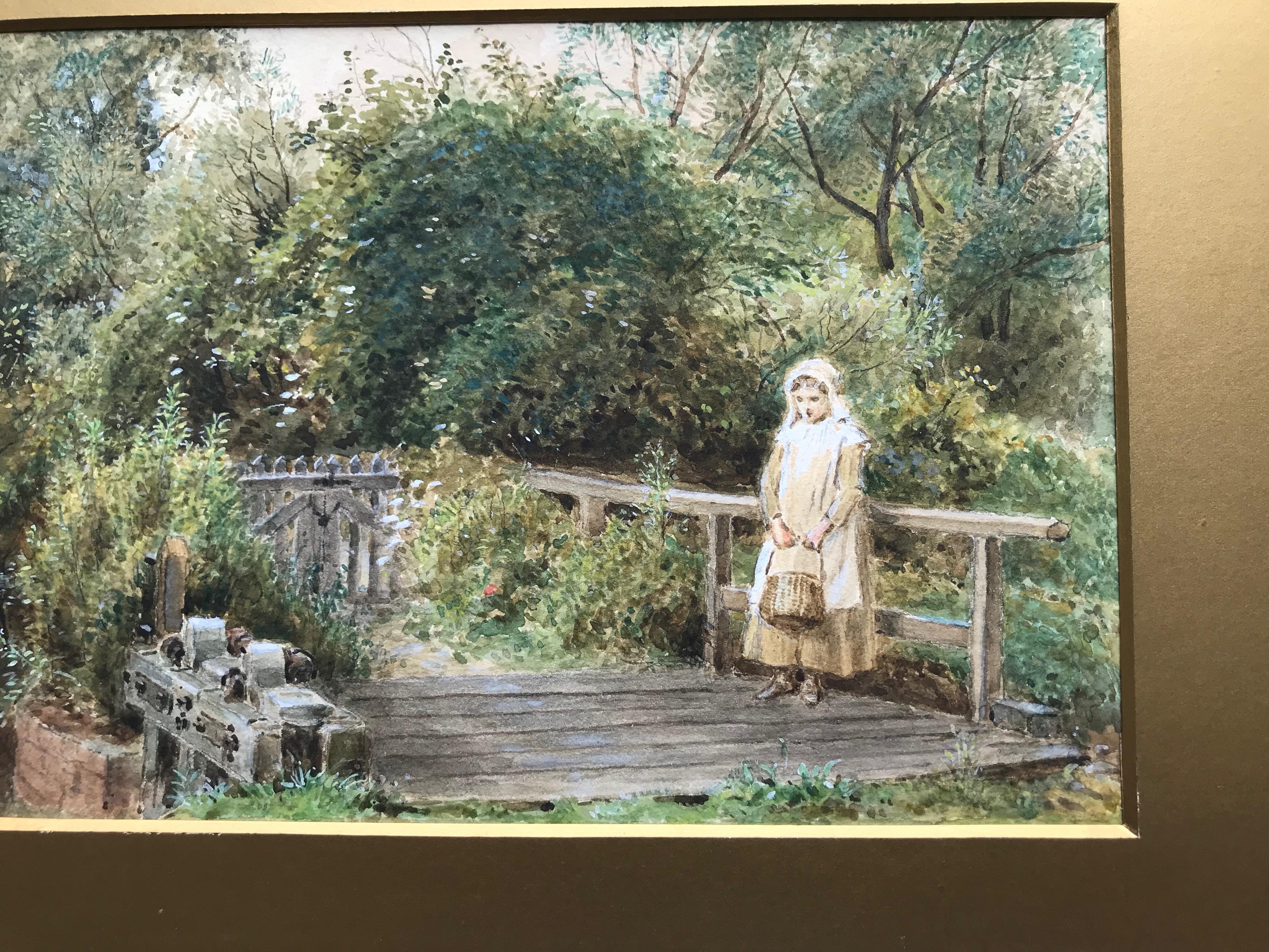 Alfred W Cooper, Young girl by a bridge, Victorian watercolor For Sale 5