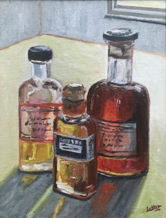 Alan Latter, Bouteilles Varnish, nature morte d'artiste dans l'atelier 