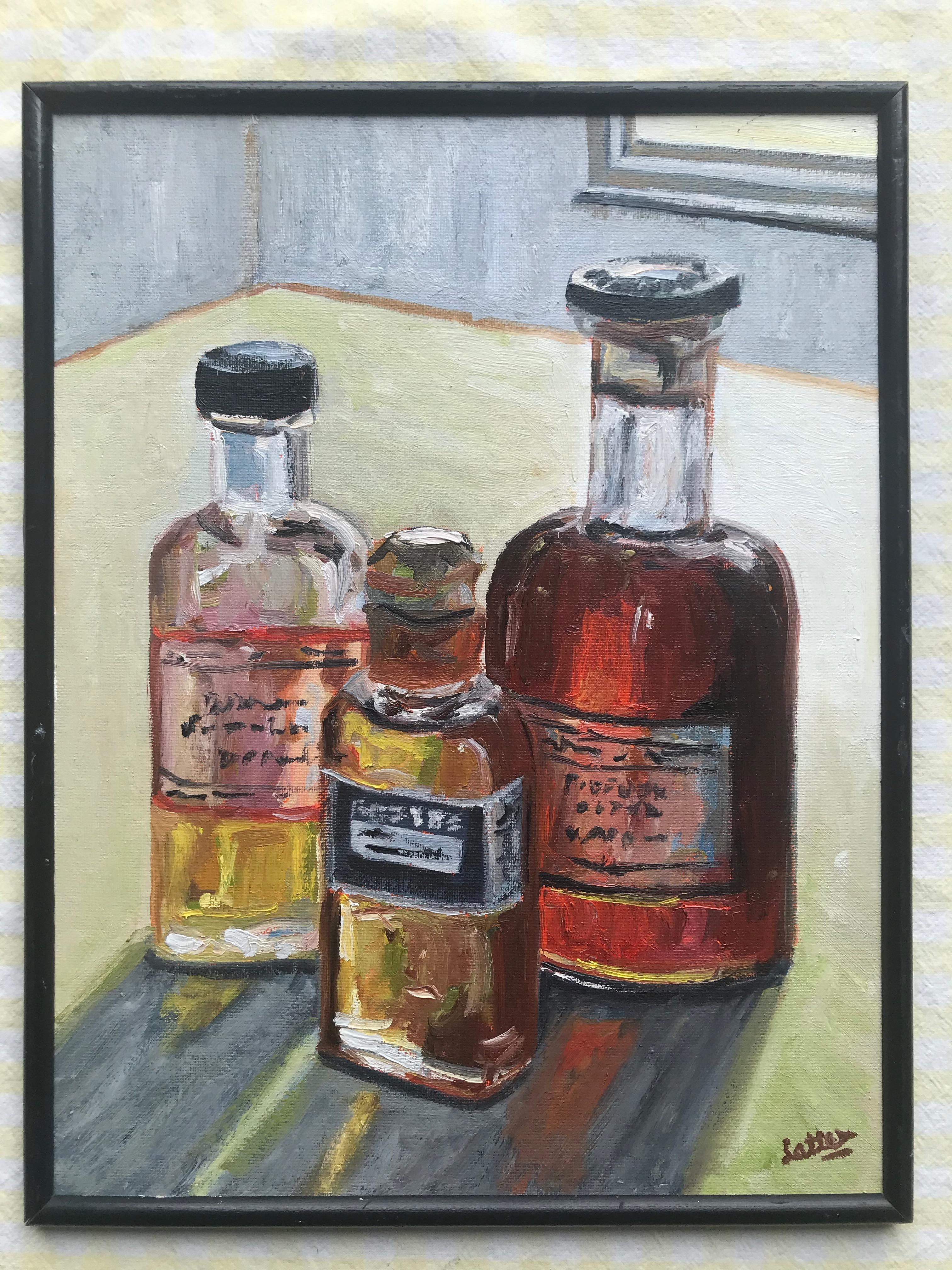 Alan Latter (born 1961)
Varnish bottle
Signed and dated 2021
Oil on board
13¾ x 10½ inches 
14½ x 11¼ inches including the frame

A charming still life capturing the artist's working materials.

Born in Islington in 1961, Alan Latter's work is