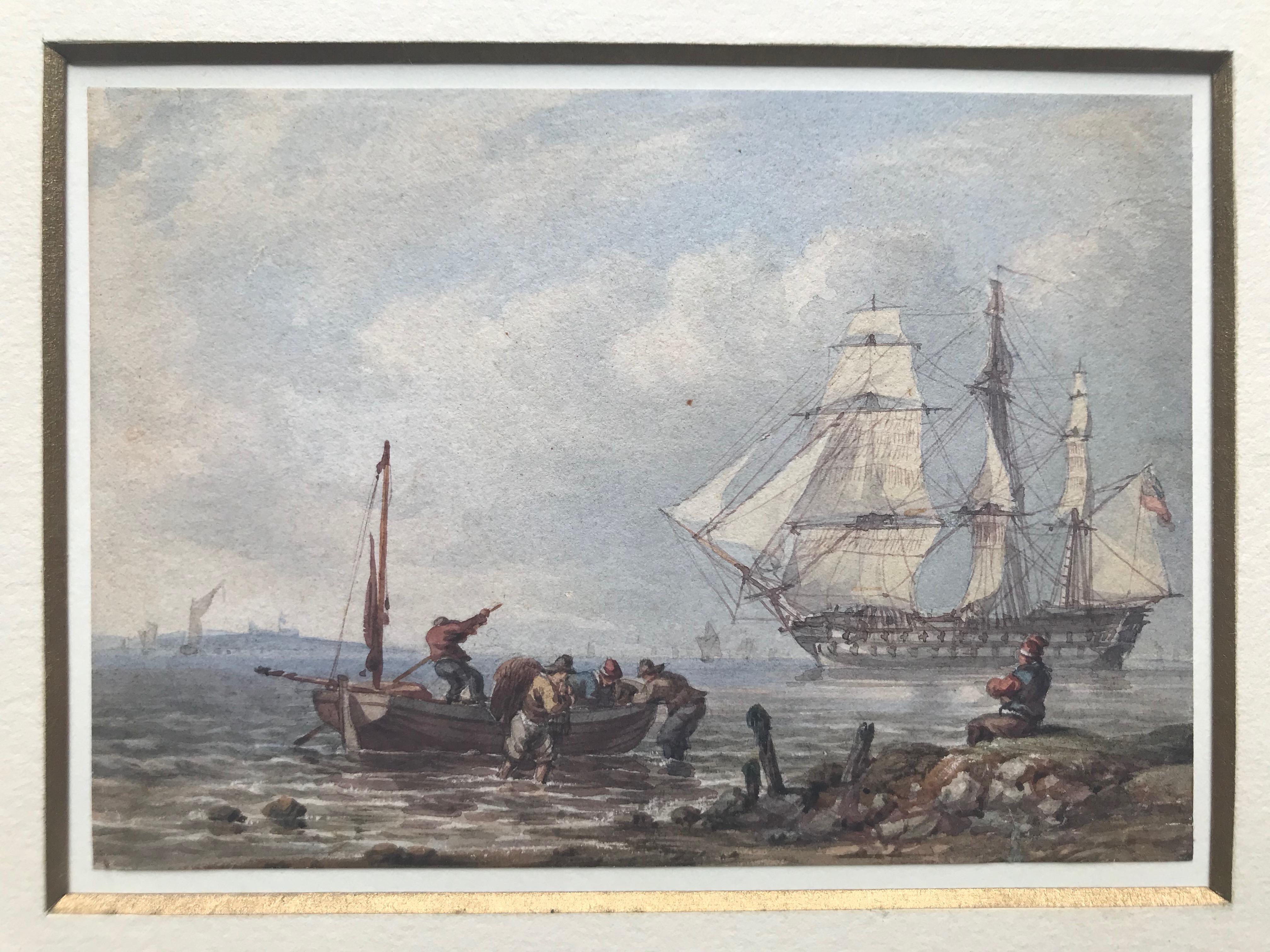 A wonderful pair of watercolours by William Joy (1803-1867)

A Man o'war and other shipping in choppy seas; A Man o'war and other shipping in calm waters
Watercolour over traces of pencil
Both 4 x 5½ inches 
10 x 11½ inches with frames

William Joy