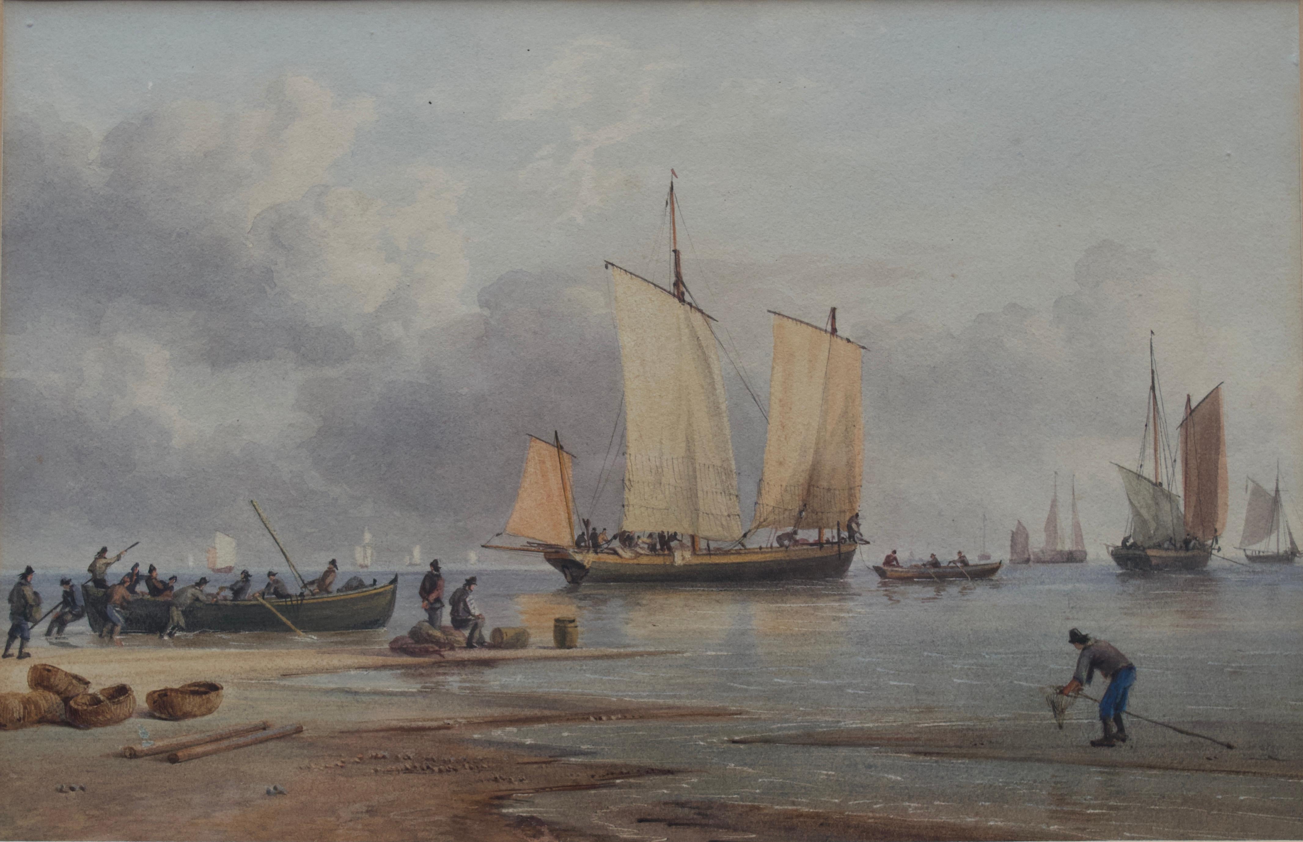 A wonderful example of the rare and intricate work of John Cantiloe Joy (1806-1866)

Shipping off the Norfolk coast with figures on the shore
Watercolour over traces of pencil
6½ x 10 inches
13½ x 17 inches with frame

John Cantiloe Joy was the