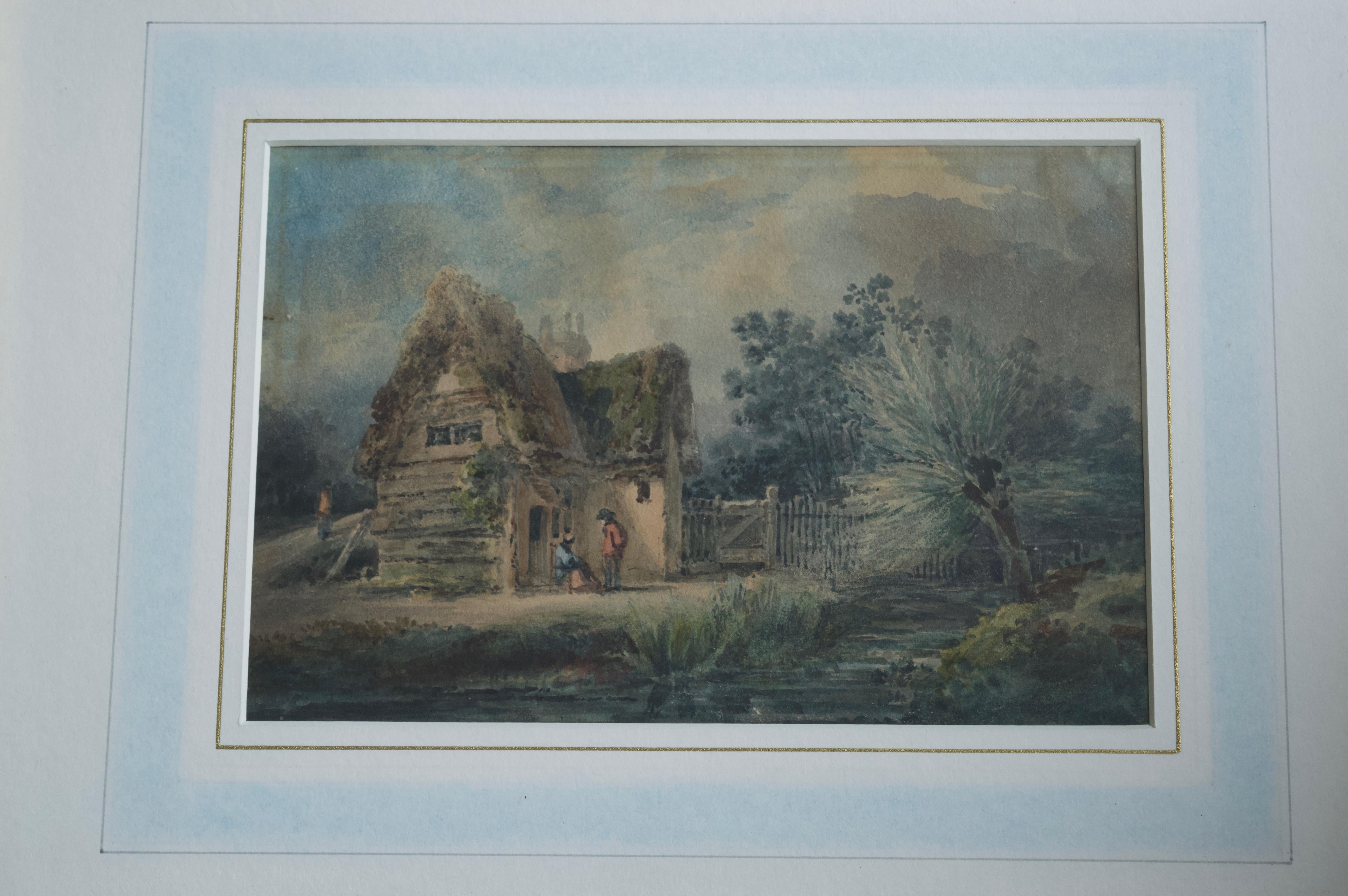 Une charmante scène rustique de l'époque victorienne avec des personnages discutant devant une chaumière 

École anglaise, milieu du XIXe siècle
Des personnages conversant près d'un chalet et d'un ruisseau
Aquarelle
5½ x 8½ pouces
13¼ x 15¼ pouces