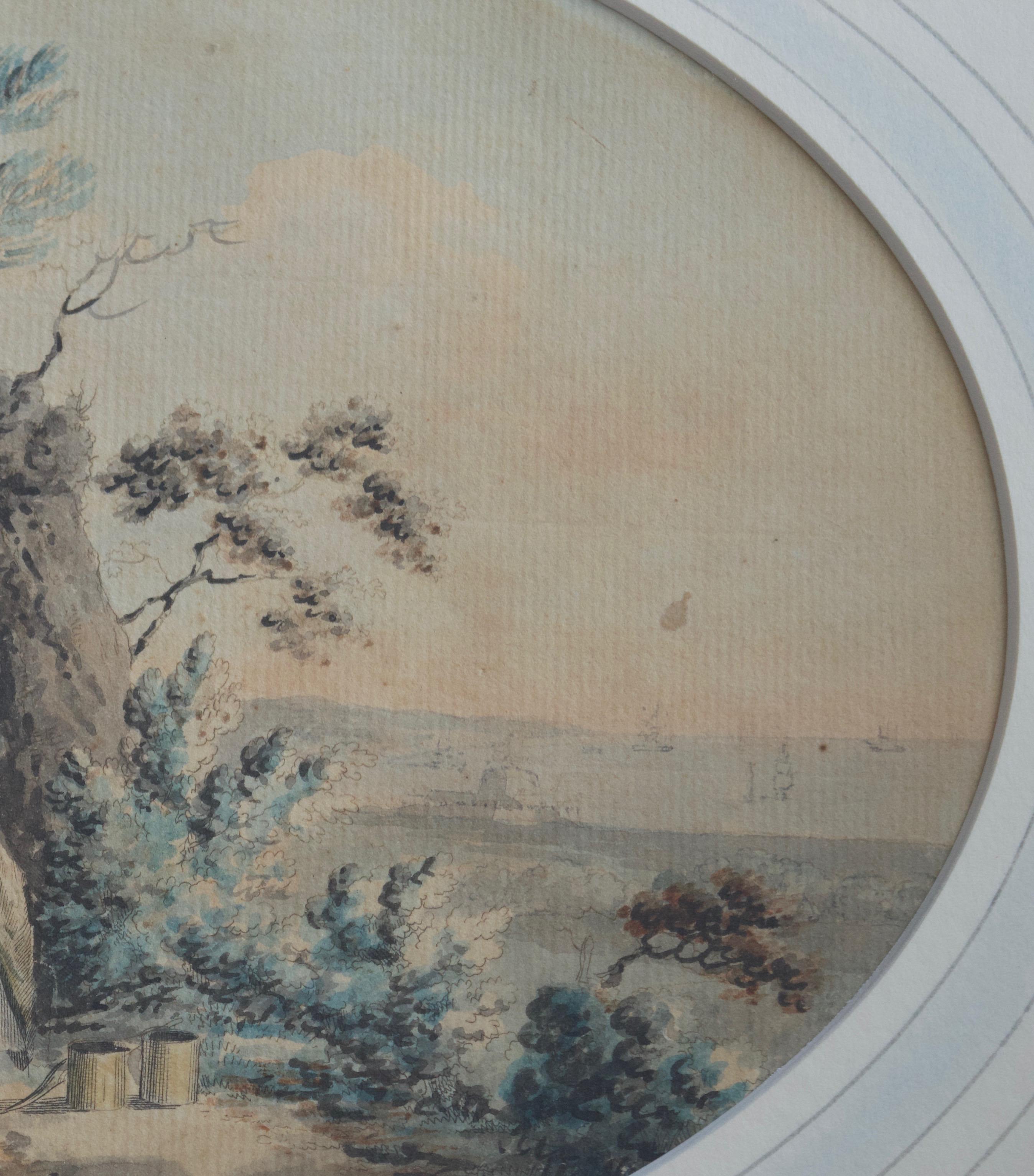 Eine reizvolle rustikale Szene aus der Zeit um 1800, in der der Seemann zu seiner dankbaren Frau und der häuslichen Idylle seines Landhauses zurückkehrt. In der Ferne ist der Hafen mit den Segelschiffen zu sehen, die die Besatzung hin- und
