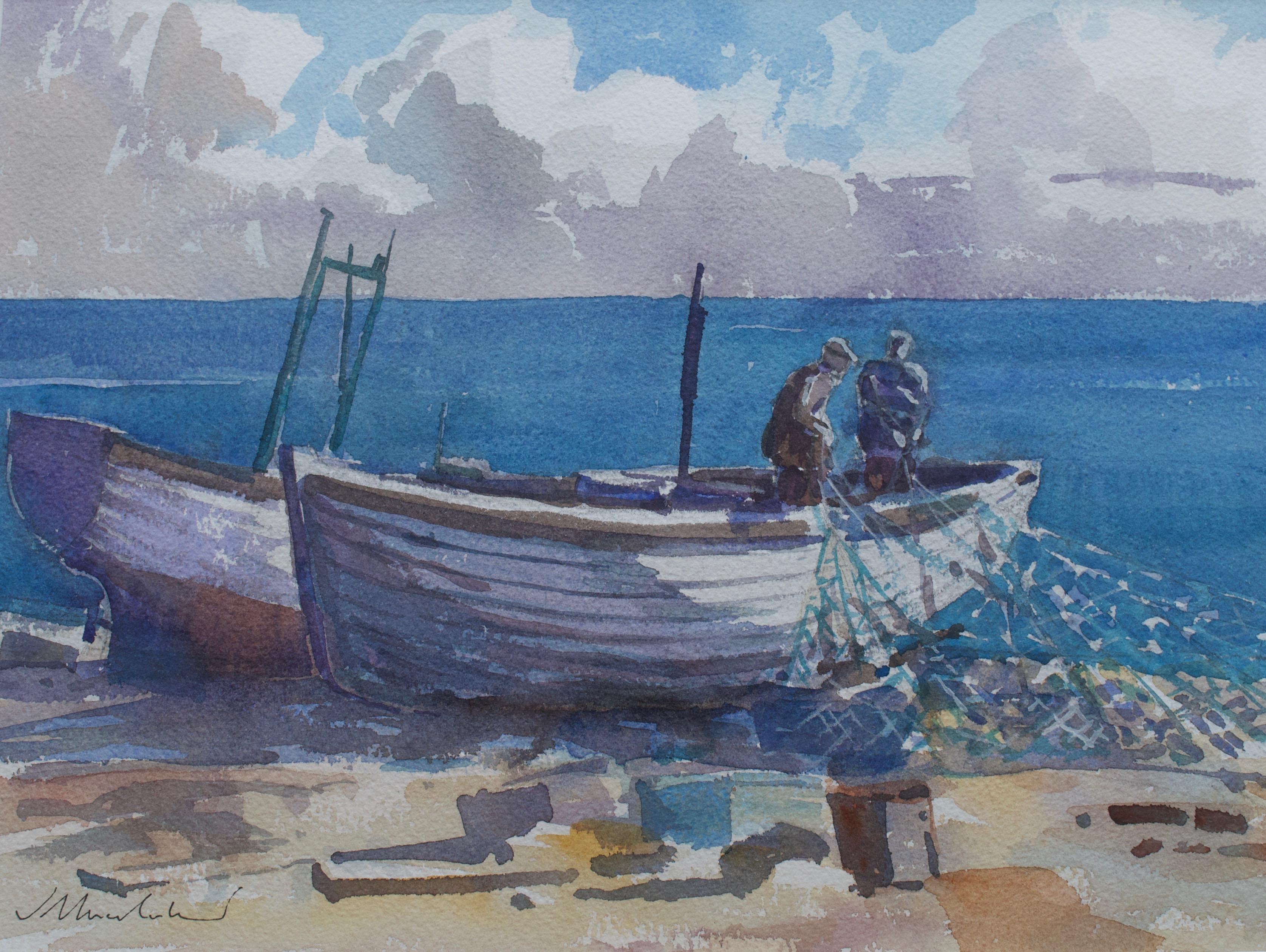 James Robert Bruce-Lockhart Figurative Art - James Bruce-Lockhart, Bringing in the nets, coastal scene