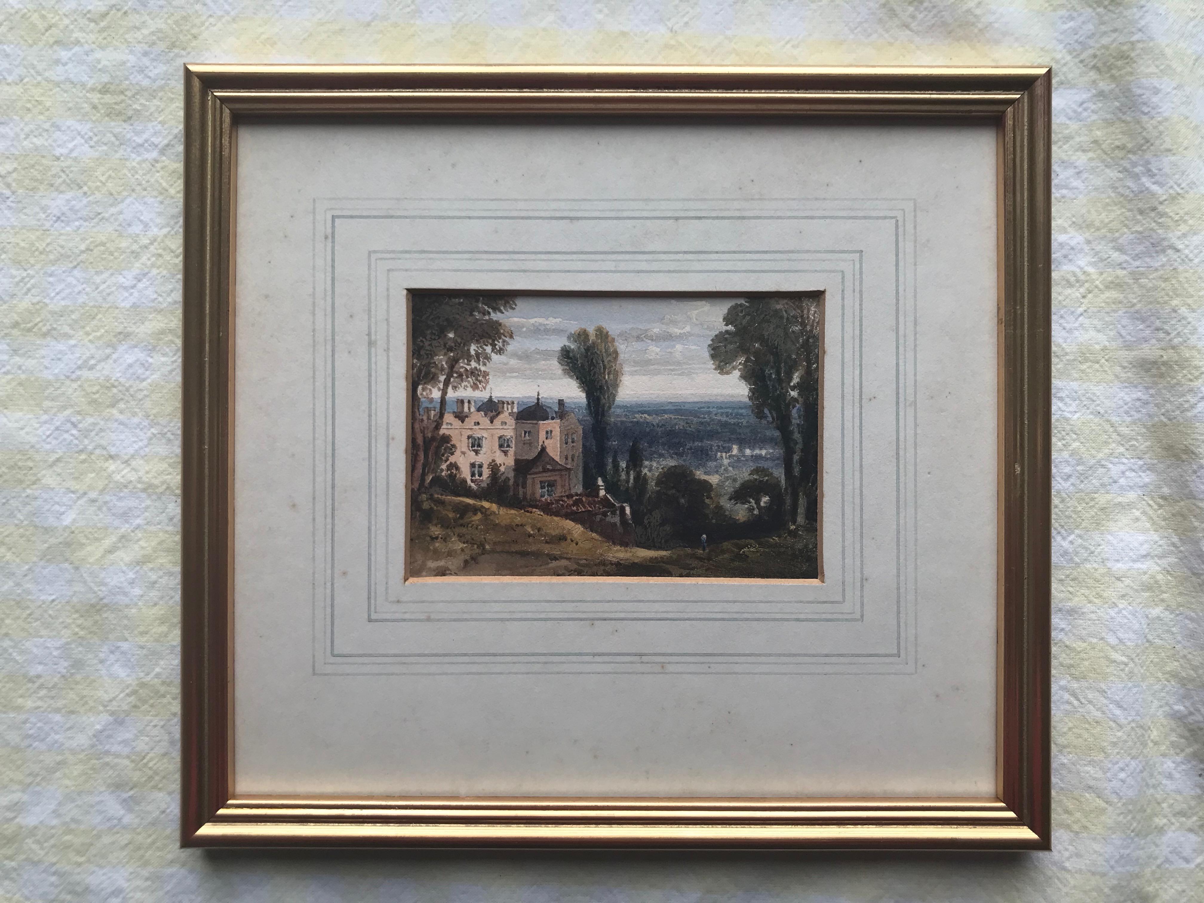 William Crouch (active 1817-1850)
A view of a country house, Yalding Downs, Kent
Inscribed verso
Watercolour 
3 x 4½
8¼ x 9¼ inches with frame

William Crouch was a prolific artist working in the early to mid 19th century. His pleasing compositions