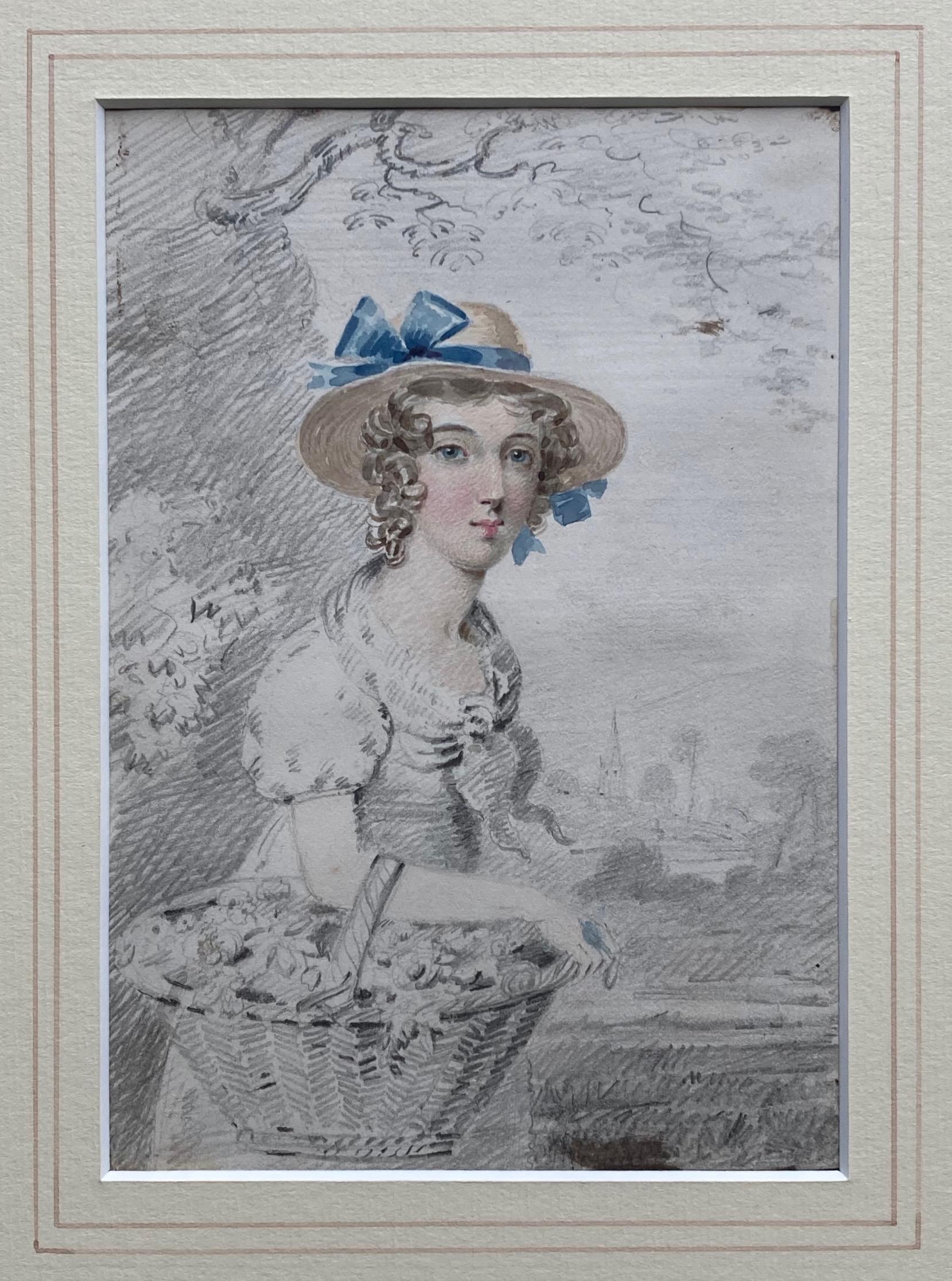 Ein wirklich charmantes Porträt eines jungen Mädchens aus dem frühen 19. Jahrhundert, das einen Korb mit Blumen trägt. Das Gesicht ist wunderschön gemalt, mit leicht erröteten Wangen und auffälligen blauen Farbtupfern an der Schleife ihres