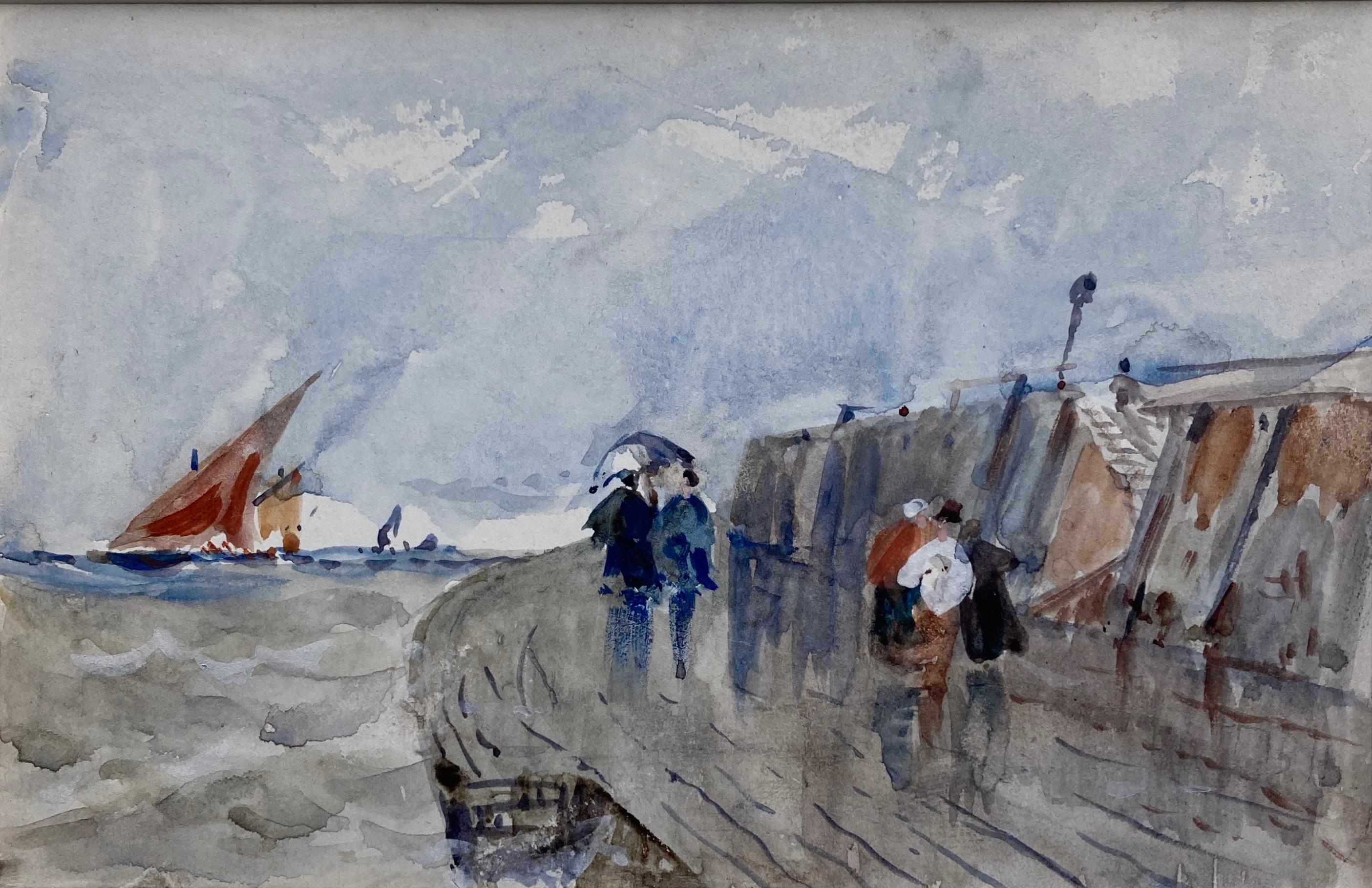 Follower of David Cox, 19th Century watercolor, Figures on the waterfront