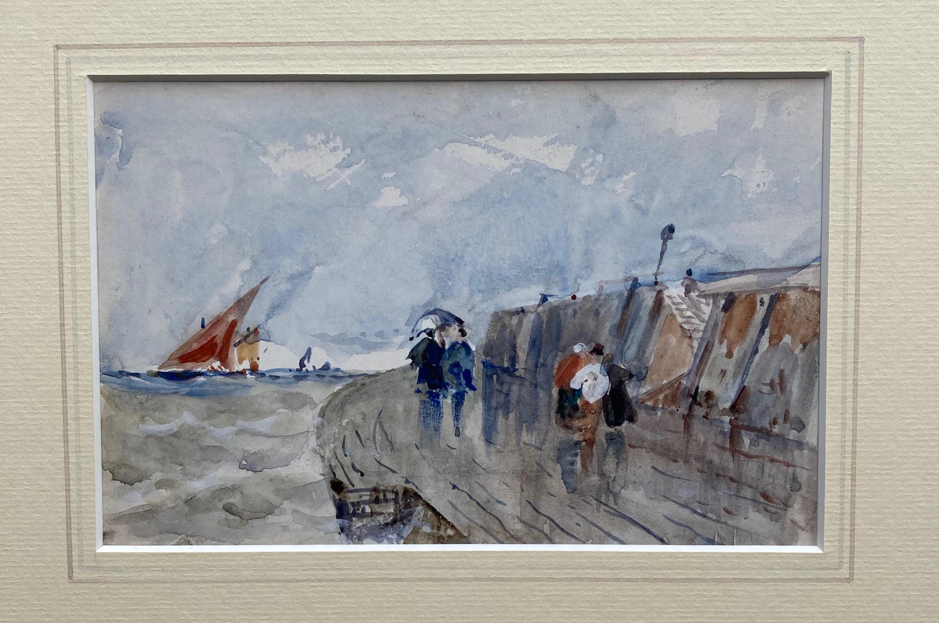 Follower of David Cox, 19th Century watercolor, Figures on the waterfront - Art by (Circle of) David Cox