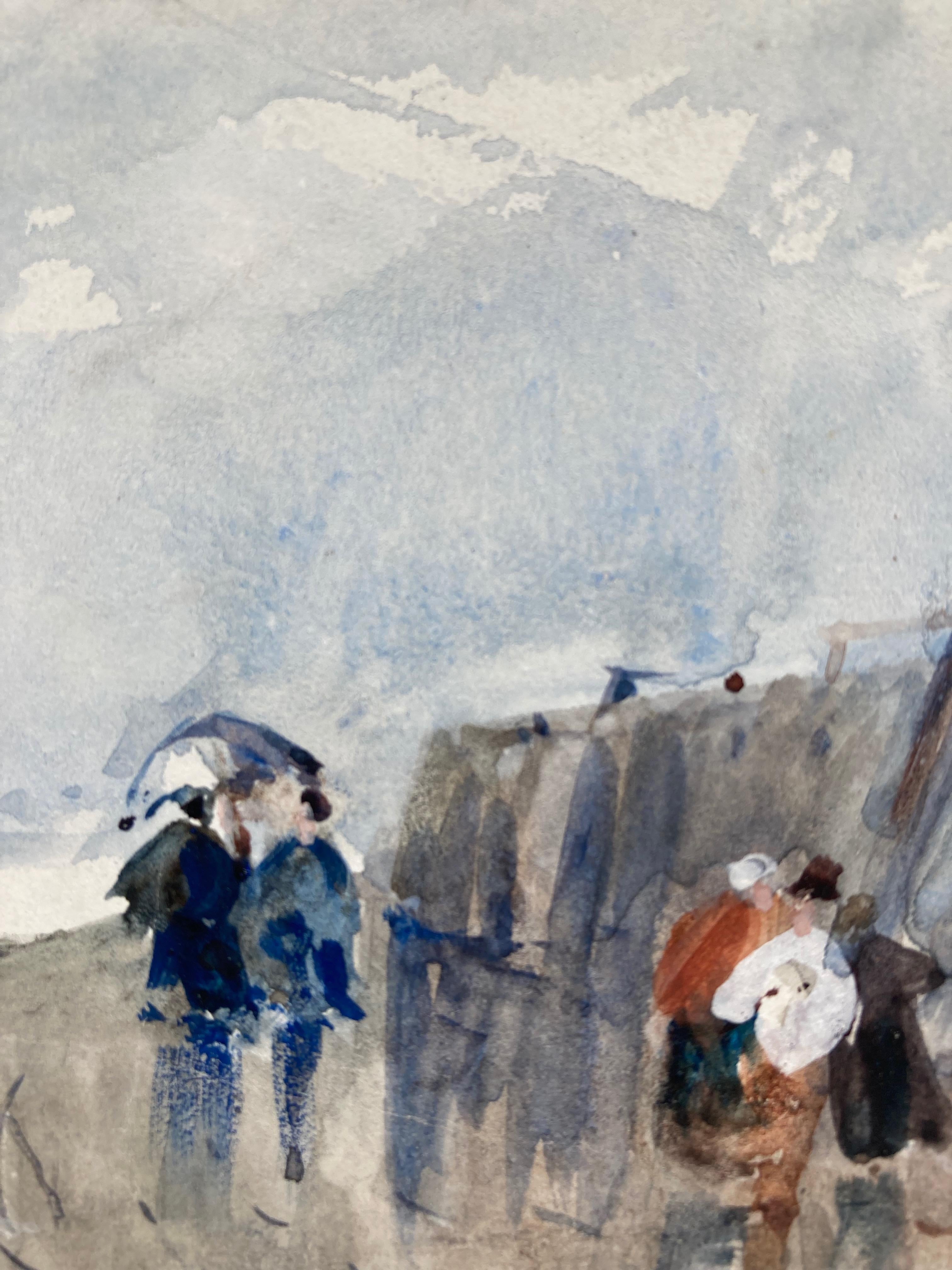 Follower of David Cox, 19th Century watercolor, Figures on the waterfront - Gray Figurative Art by (Circle of) David Cox