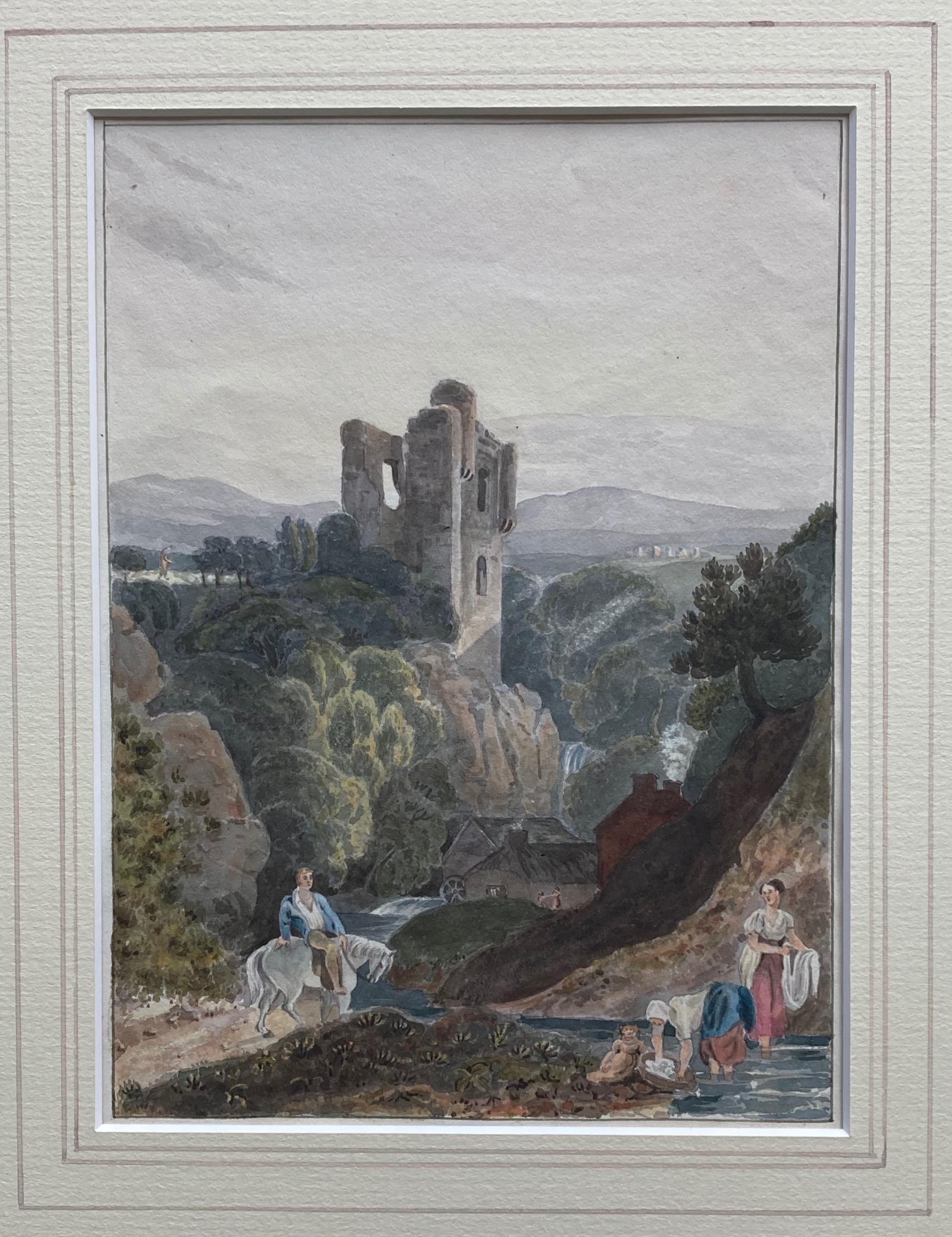 Cercle de Samuel Prout, aquarelle du 19e siècle, château dans un paysage fluvial