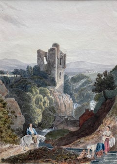 Circle of Samuel Prout, 19th Century watercolor, Castle in a river landscape
