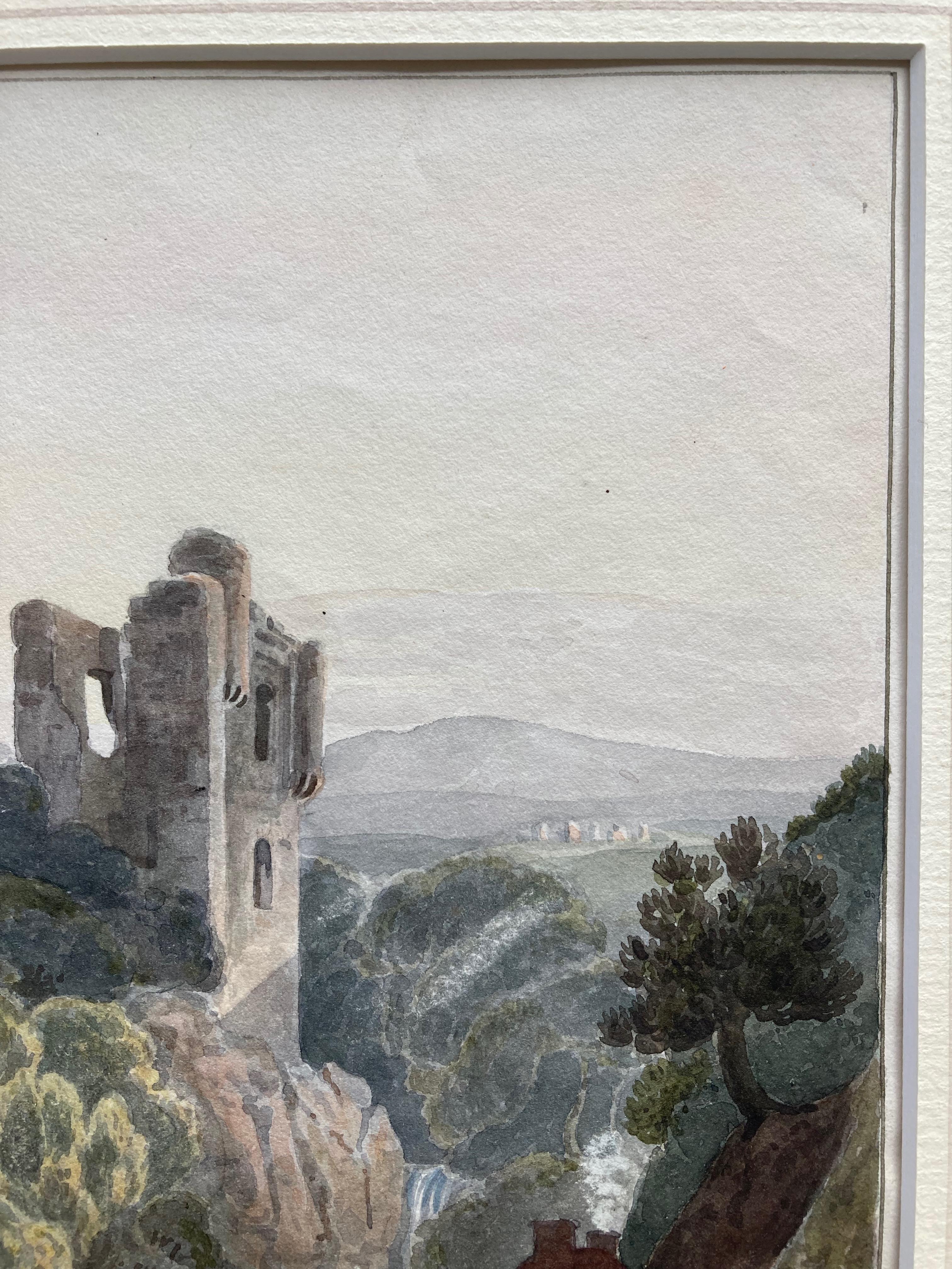 Cercle de Samuel Prout, aquarelle du 19e siècle, château dans un paysage fluvial en vente 4