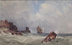 Charles Bentley, Marine scene with vessels in choppy seas near a harbour 