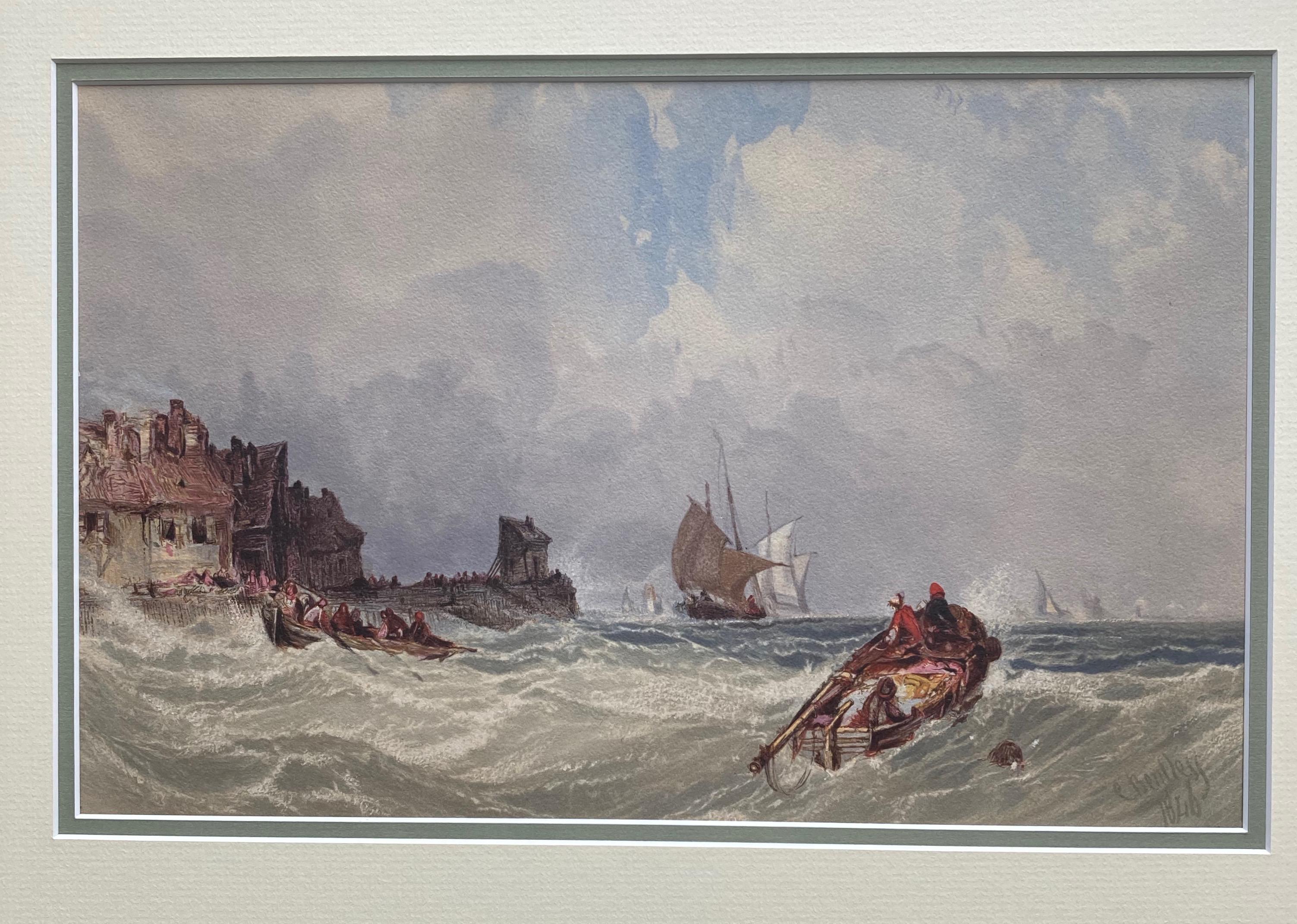 Charles Bentley, Marine scene with vessels in choppy seas near a harbour  1