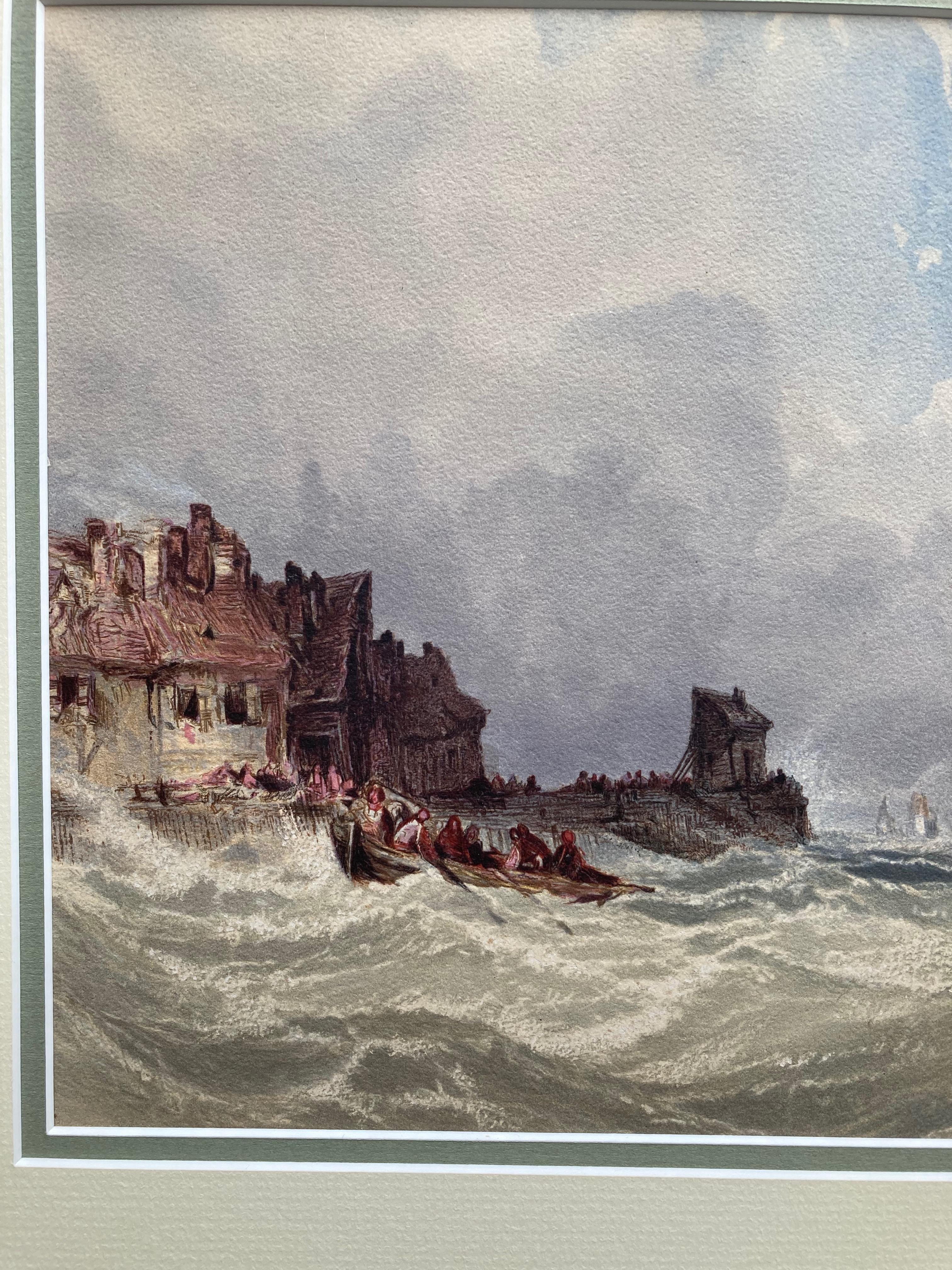 A very skilfully captured image of a dramatic seascape with vessels in choppy water.

Charles Bentley (1806-1854)
Vessels by a harbour in a swell
Signed and dated 1846
Watercolour and scratching out
9 x 14¼ inches
14½ x 19¼ inches with the