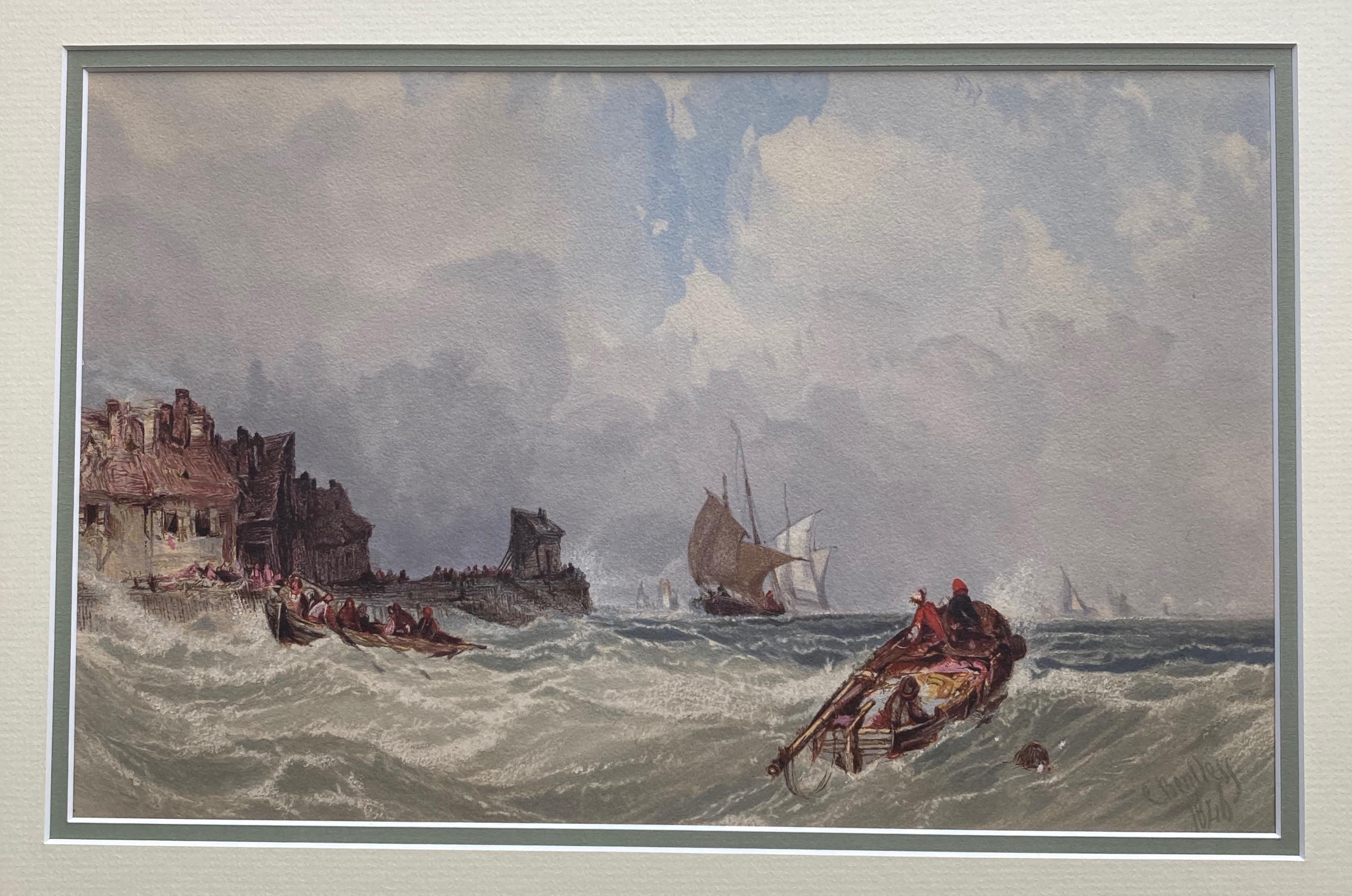 Charles Bentley, Marine scene with vessels in choppy seas near a harbour  8