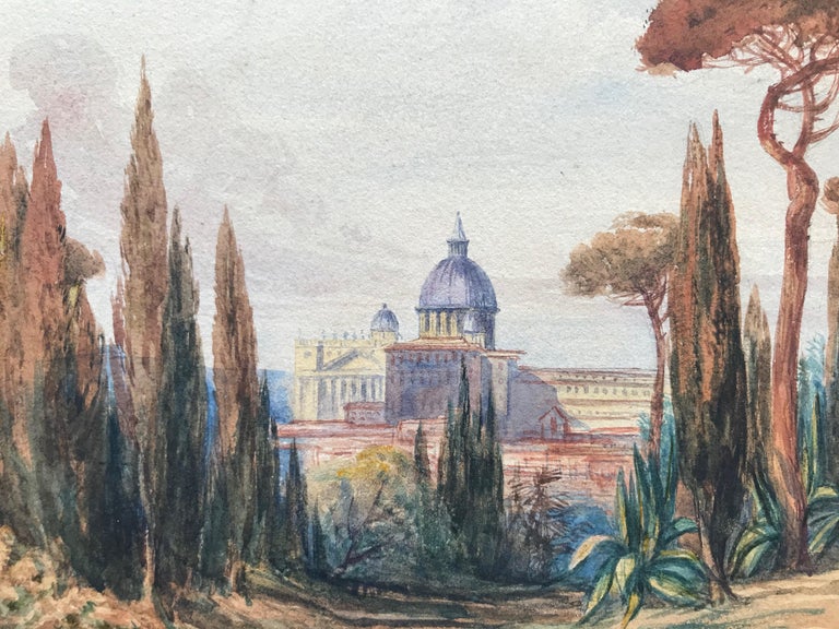 A wonderful view of St Peter's, Rome encompassing the elegant landscaped gardens with rolling campagna in the background. 

Attributed to Thomas Hartley Cromek (1809-1973)
A view of St Peter's from the Roman Campagna
Watercolour
7 x 9¾ inches
13¾ x