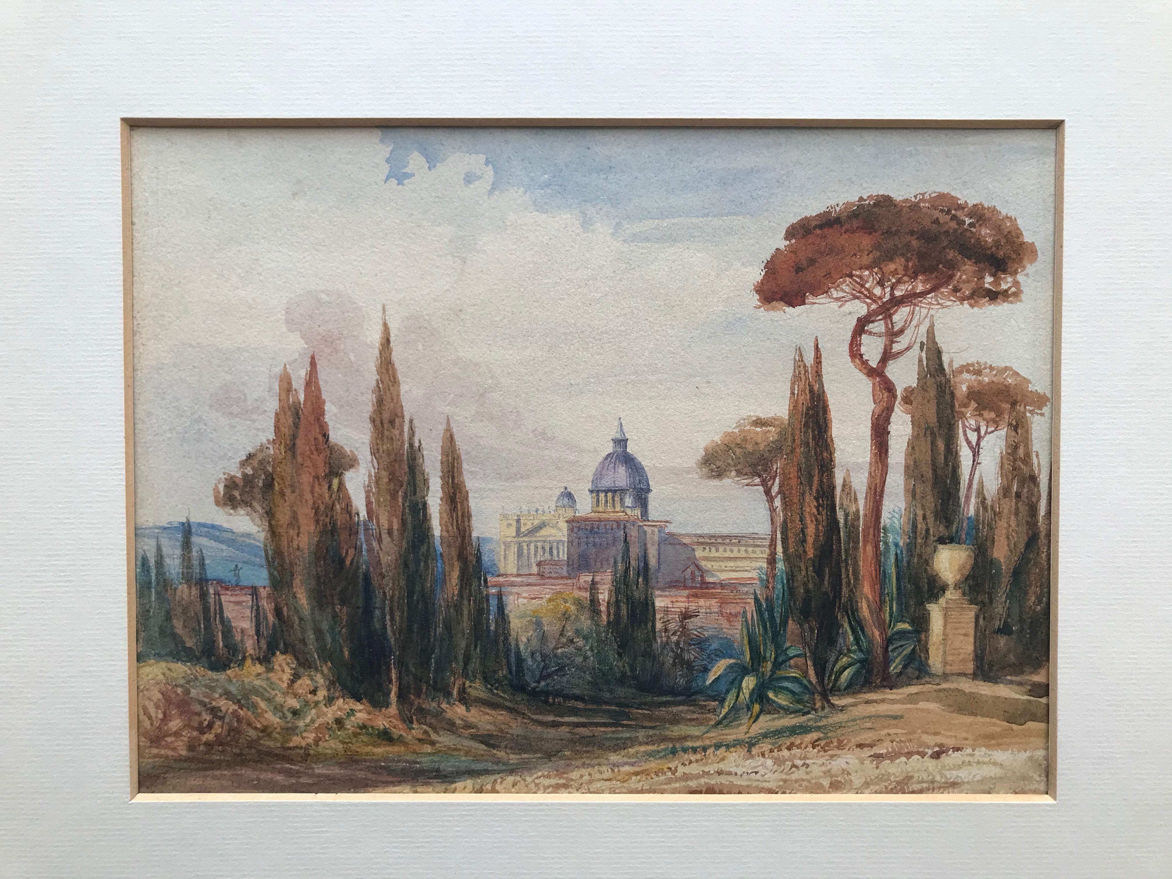 A Grand Tour view of  St Peter's Rome, Roman Campagna, Italy - Gray Landscape Art by Thomas Hartley Cromek