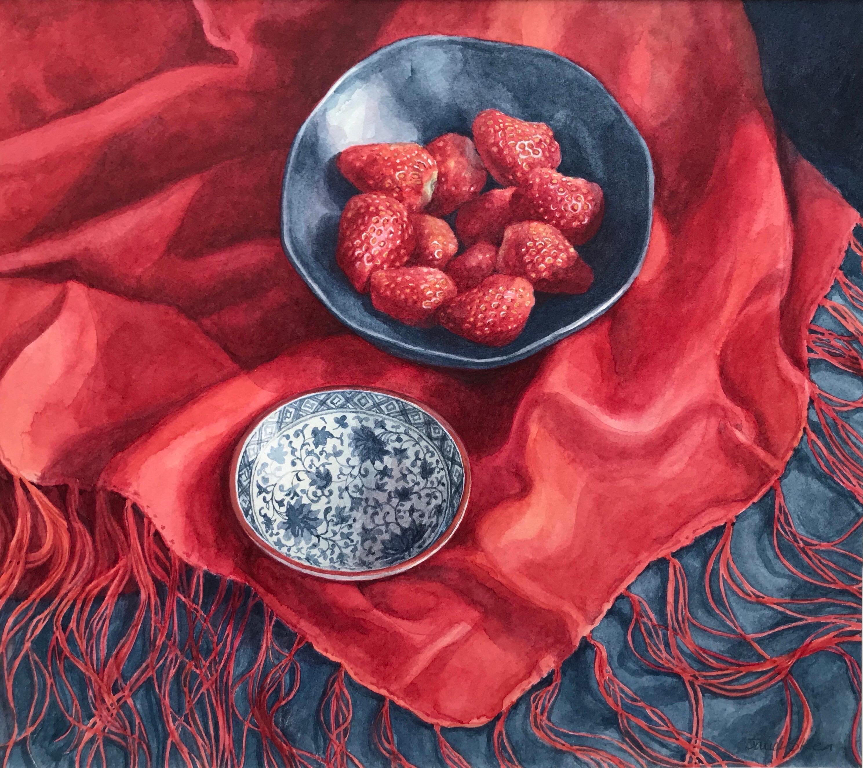 Janet Skea, Nature morte aux fraises et foulard de soie, aquarelle photoréaliste