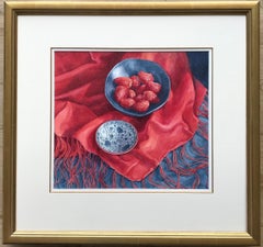 Janet Skea, Still life of strawberries and silk scarf, photo-realist watercolor