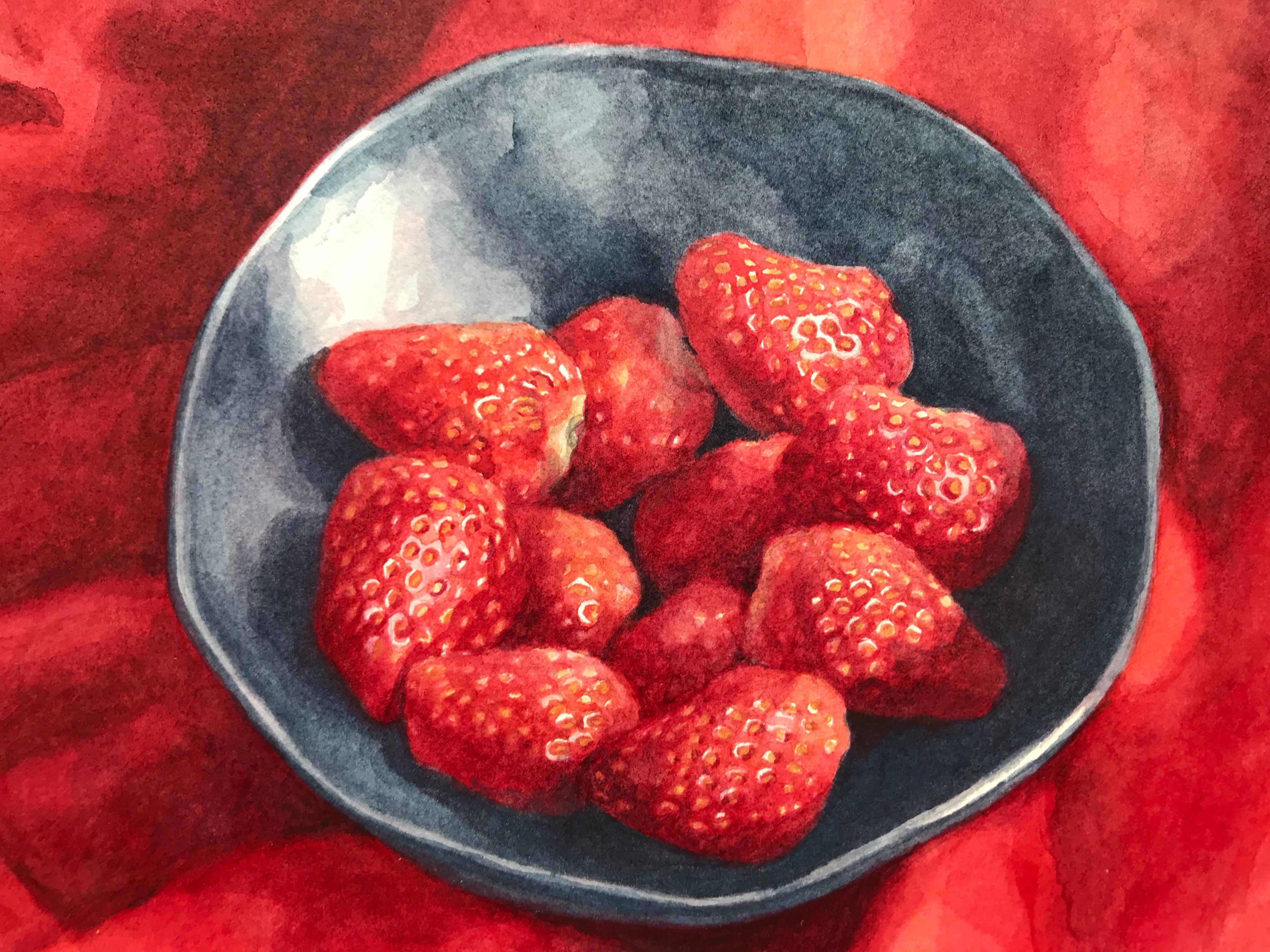 Janet Skea, Still life of strawberries and silk scarf, photo-realist watercolor For Sale 1