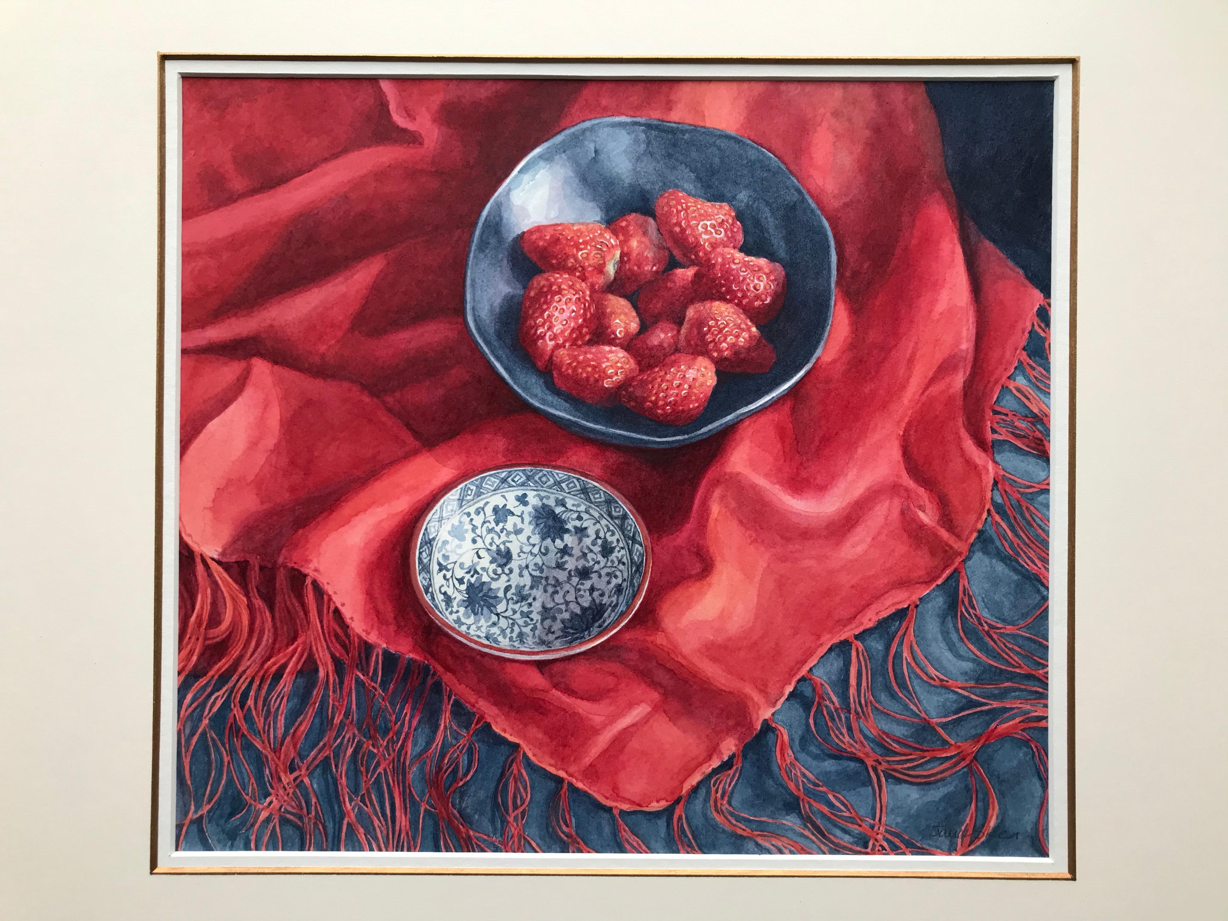 Janet Skea, Still life of strawberries and silk scarf, photo-realist watercolor For Sale 6