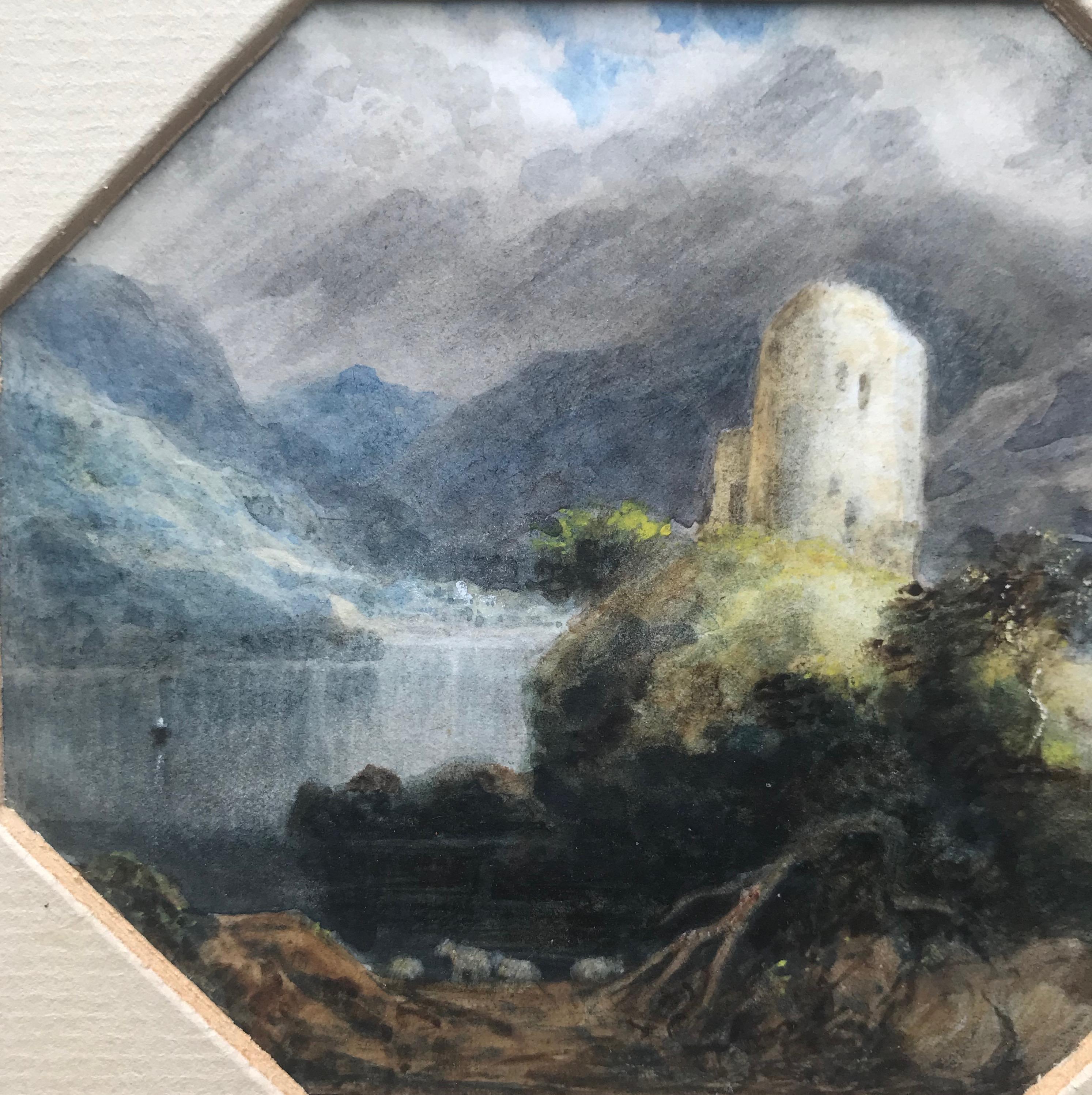 19th Century Romantic watercolor, Follower of JMW Turner, The castle on the loch - Art by (Circle of) Joseph Mallord William Turner