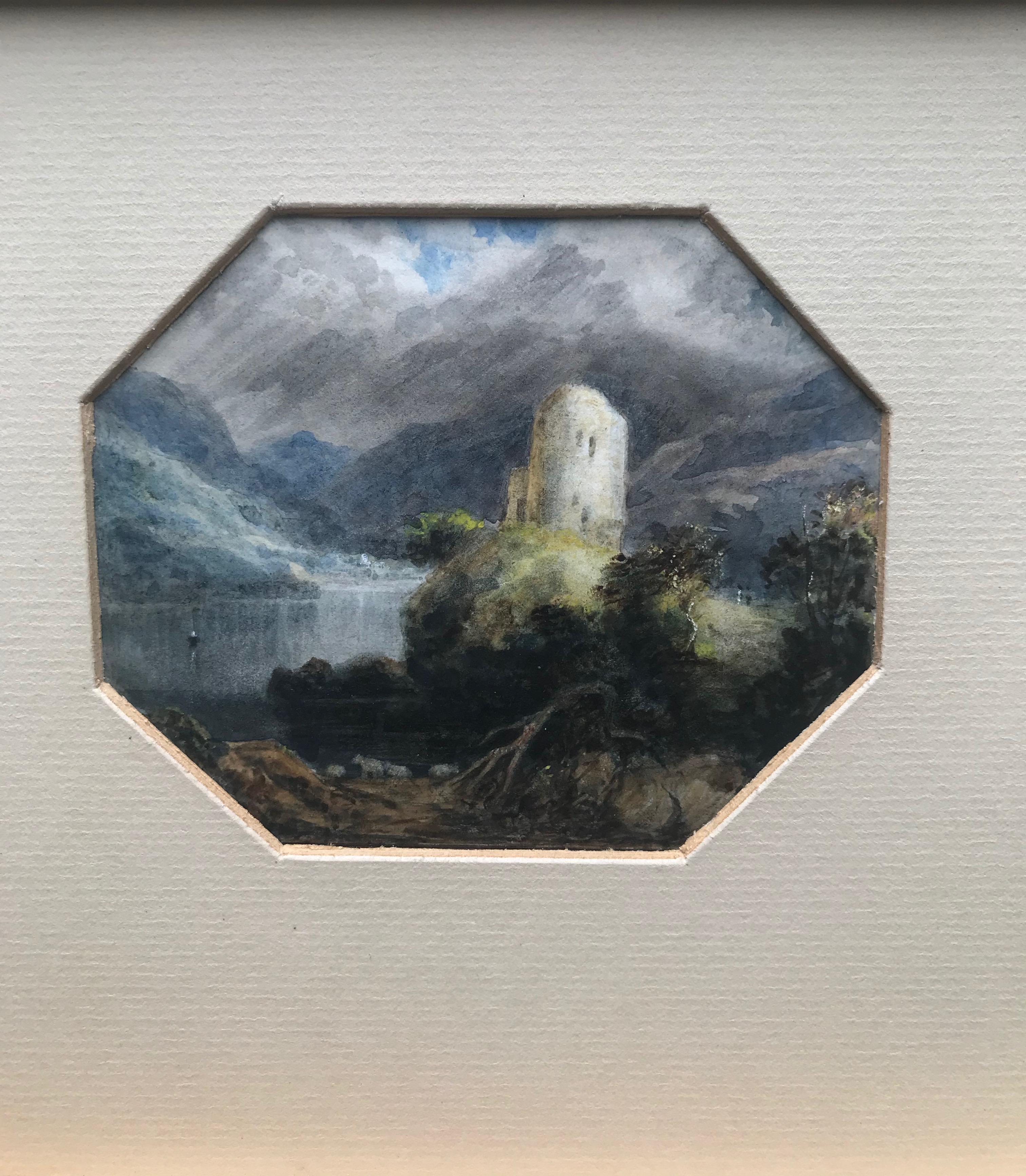 19th Century Romantic watercolor, Follower of JMW Turner, The castle on the loch - Gray Landscape Art by (Circle of) Joseph Mallord William Turner