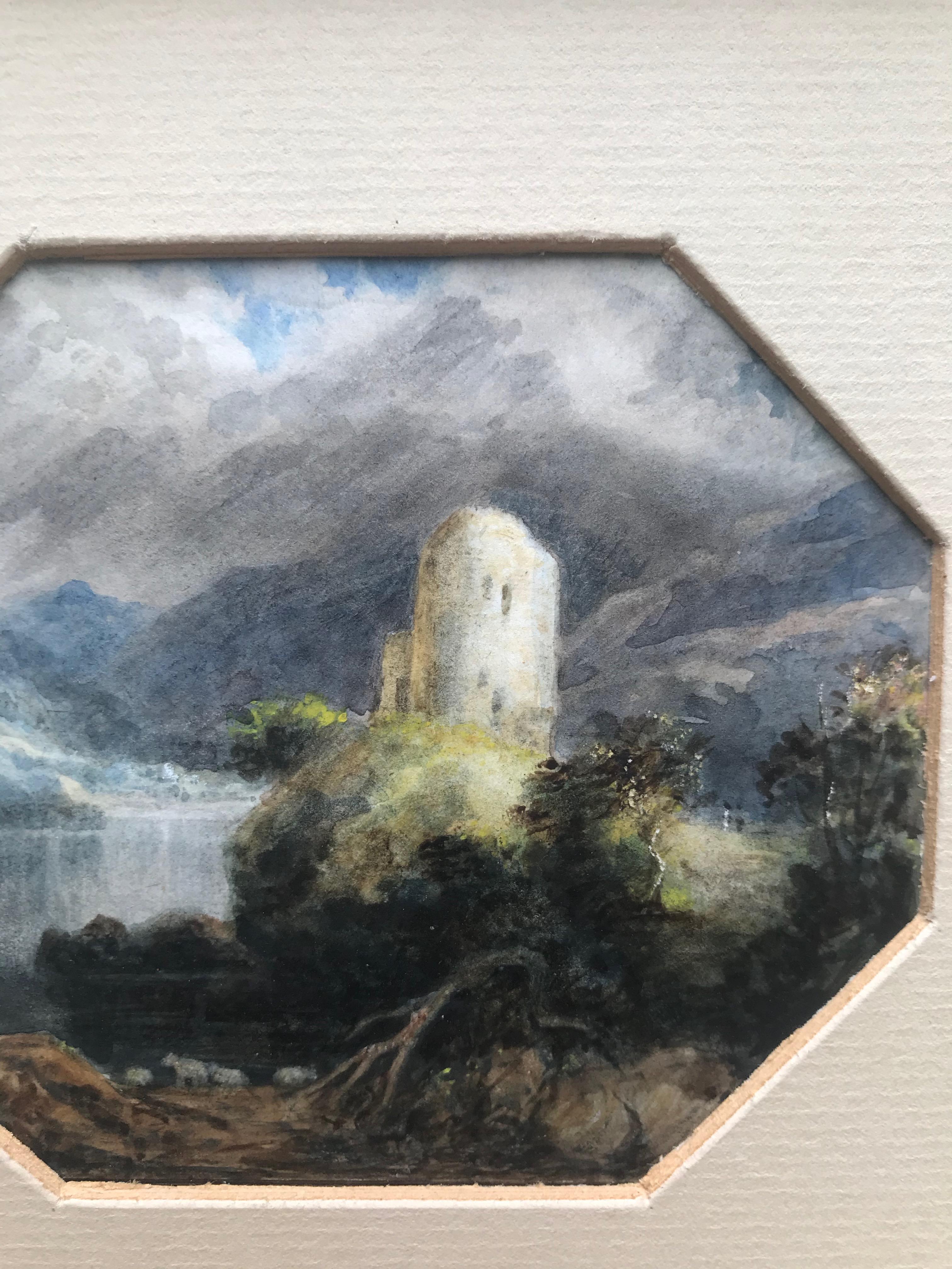 19th Century Romantic watercolor, Follower of JMW Turner, The castle on the loch 1