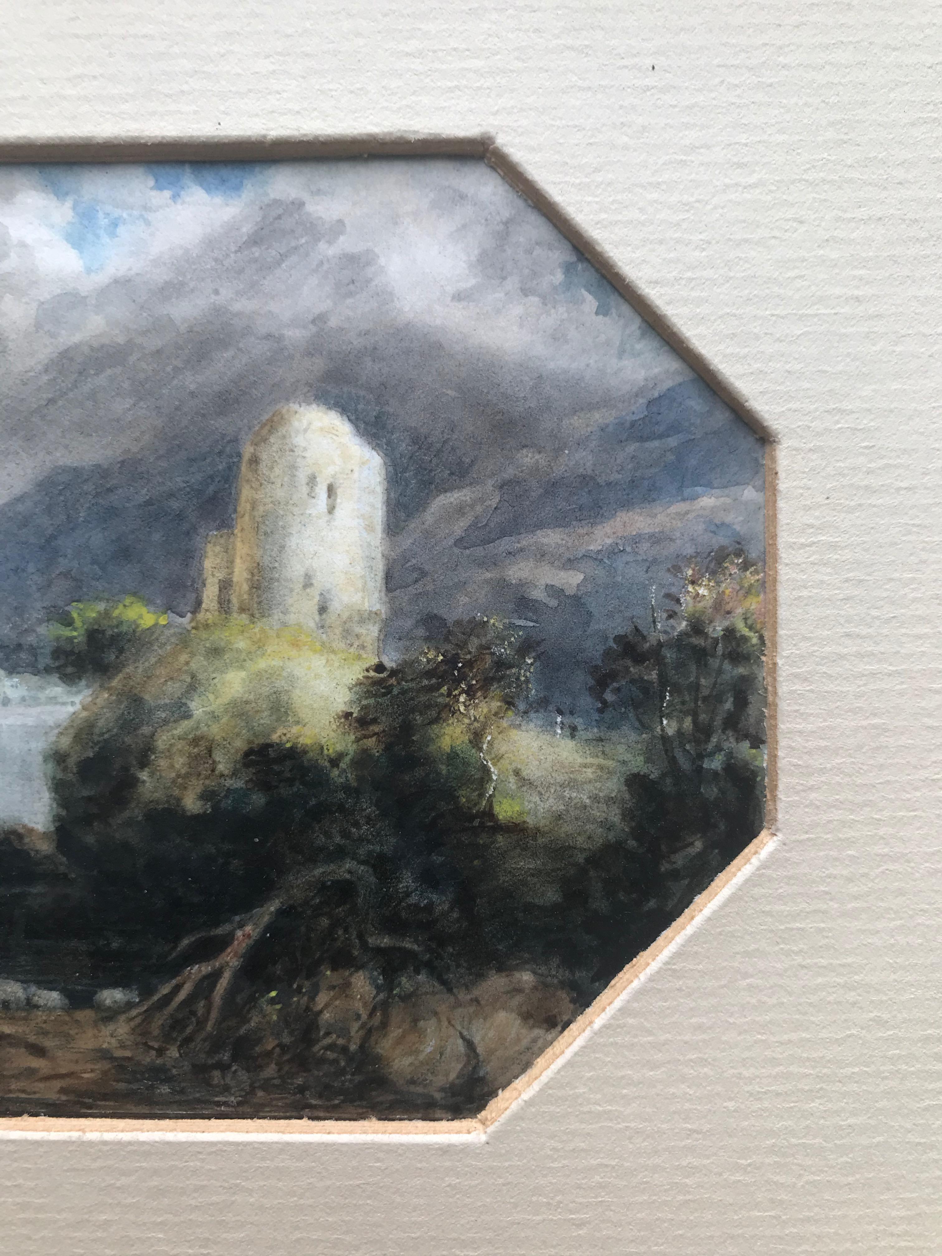 19th Century Romantic watercolor, Follower of JMW Turner, The castle on the loch 2