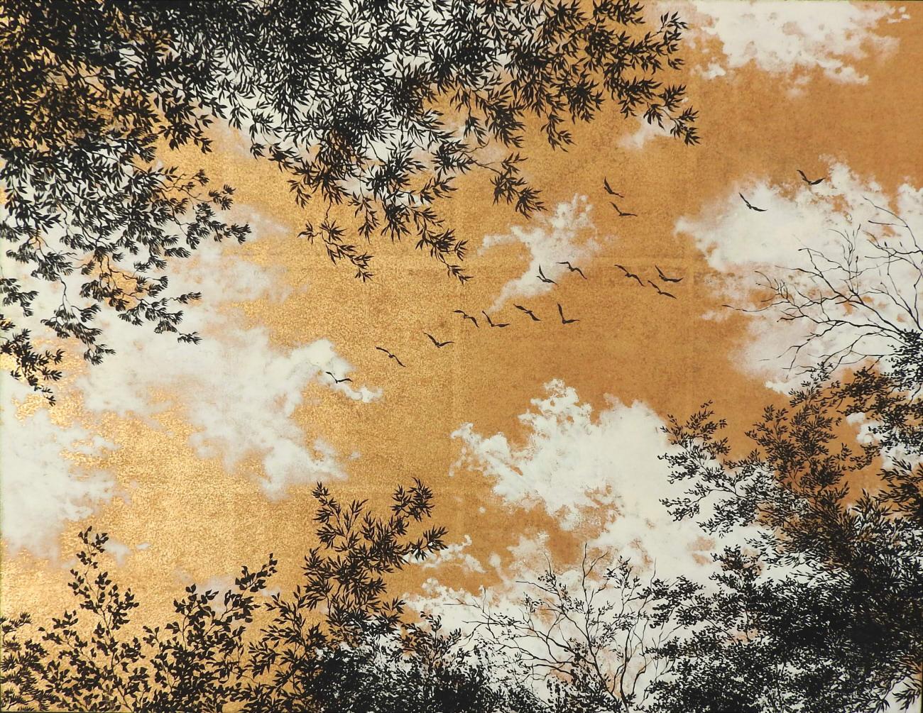 Empathy Towards Things No 1  landscape gold leaf pigment on paper nature clouds - Mixed Media Art by Shoko Okumura