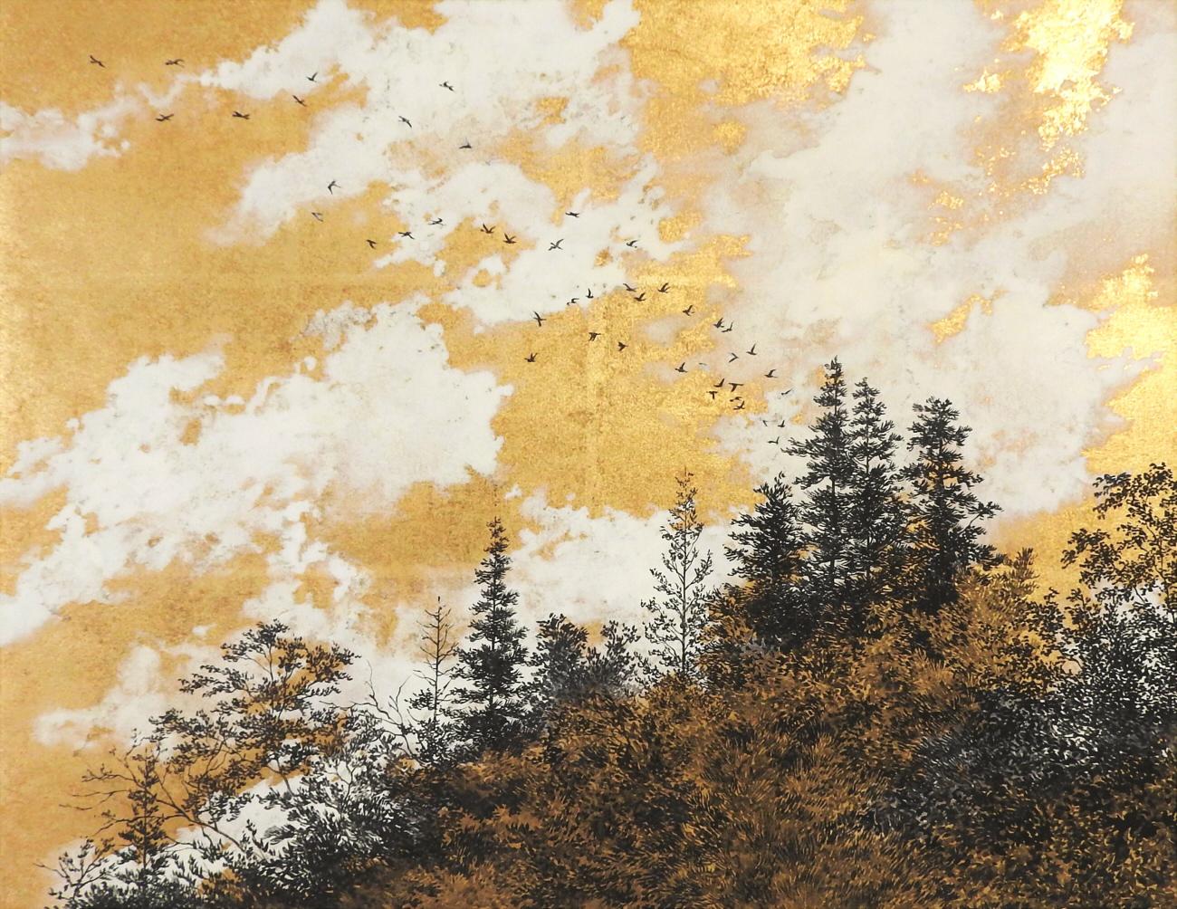 Empathy Towards Things No 3  landscape gold leaf pigment on paper clouds nature - Mixed Media Art by Shoko Okumura