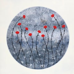 "Little Red Flowers" 80x80cm floral painting acrylic ink, canvas blue red
