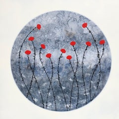 "Little Red Flowers" - Peinture florale à l'encre acrylique:: toile bleu rouge 80x80cm