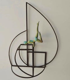 "In the Shell" contemporary bronze table, mural sculpture figurative girl yoga