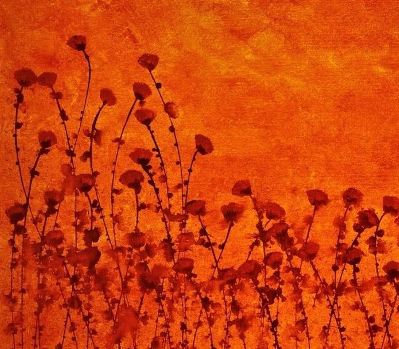 Passion is an ink and acrylic on canvas work by Belgian artist Jean Francois Debongnie. This painting captures the blossoming scene of the little wild red flowers in the field during sunset. The orange hue gives a passionate vibe that lifts spirit