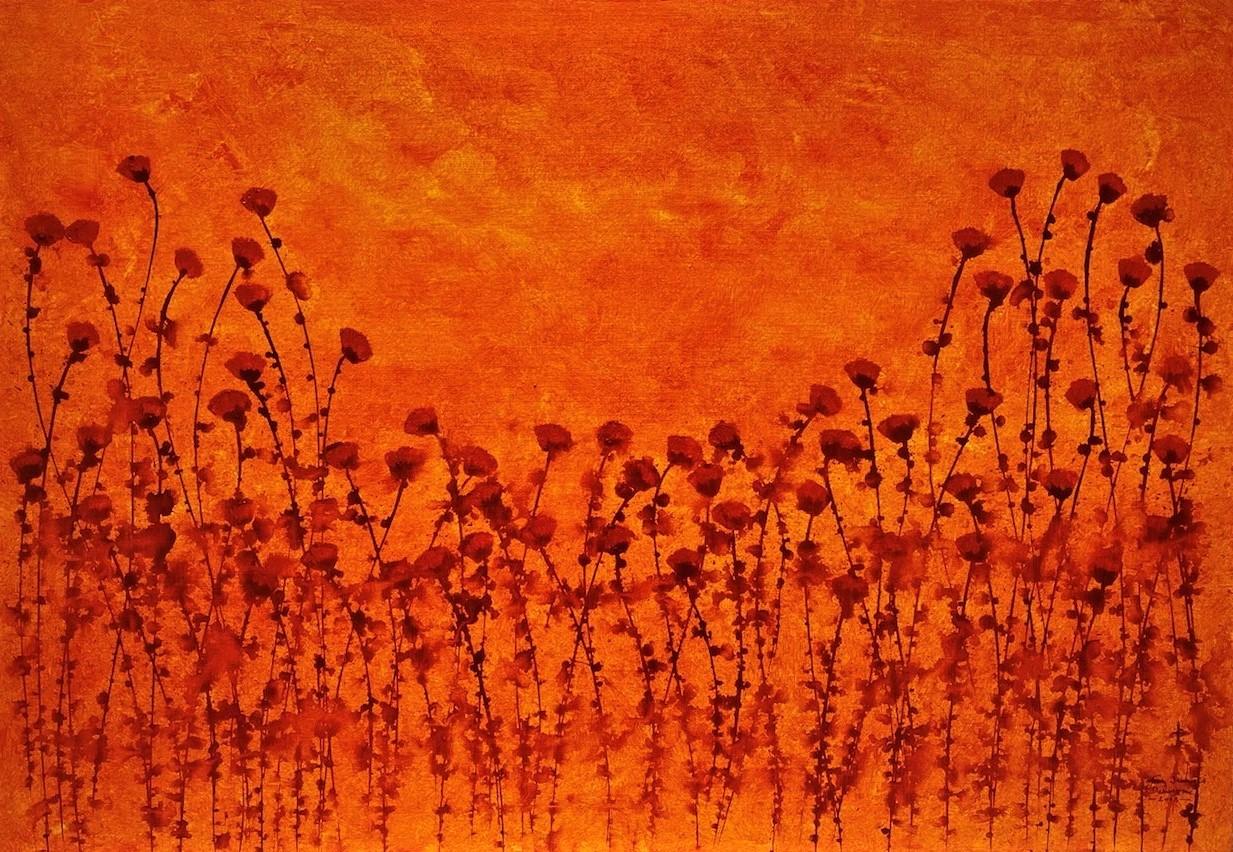 "Passion" 90x130cm floral painting acrylic n ink on canvas orange sunset nature - Mixed Media Art by Jean Francois Debongnie