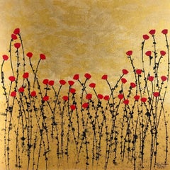 "Golden Sunset" 80x80cm peinture florale à l'acrylique et à l'encre sur toile rouge or nature