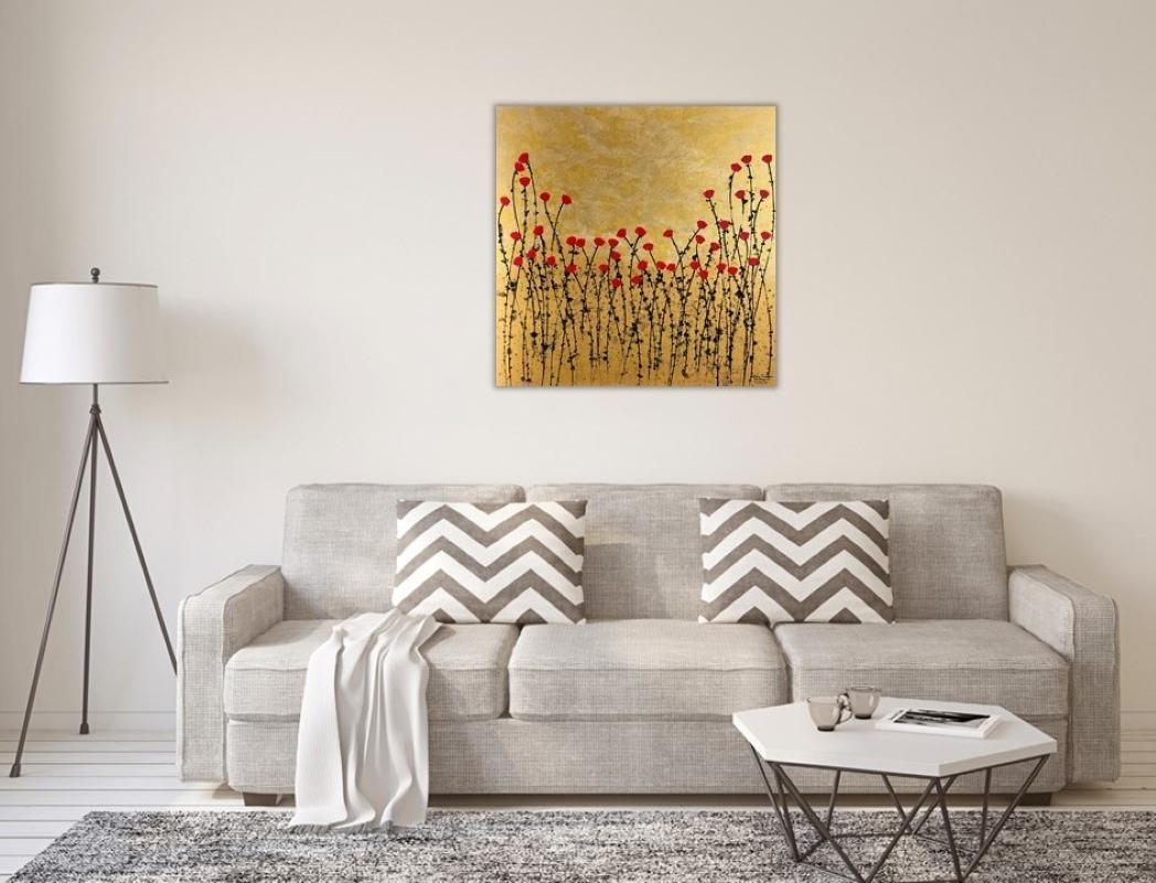 Golden Sunset is an ink and acrylic on canvas work by Belgian artist Jean Francois Debongnie. This painting captures the blossoming scene of the little wild red flowers in the field during sunset. The gold and red colors gives a warm vibe that lifts
