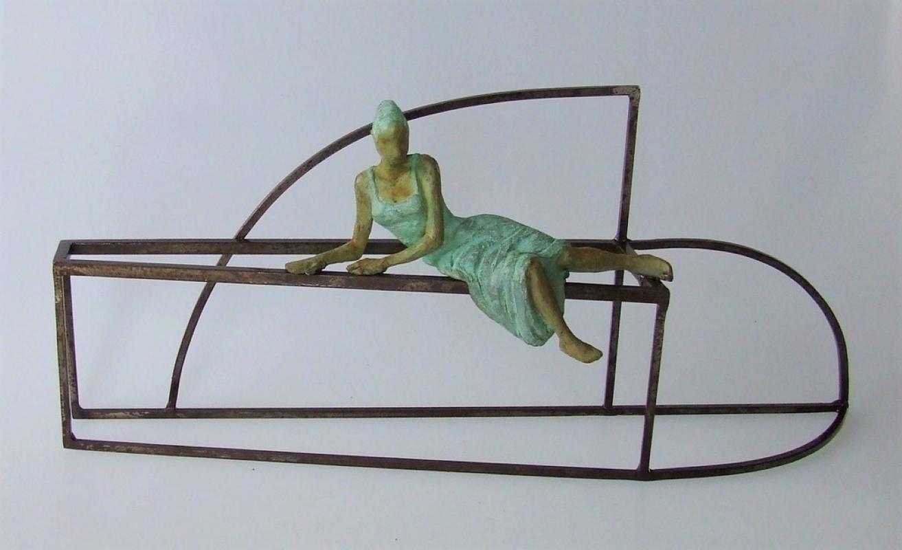 "Etruscan Princess" contemporary bronze table, mural sculpture figurative girl