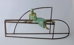 "Etruscan Princess" contemporary bronze table, mural sculpture figurative girl