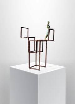"Viewpoint" contemporary bronze table, mural sculpture figurative girl