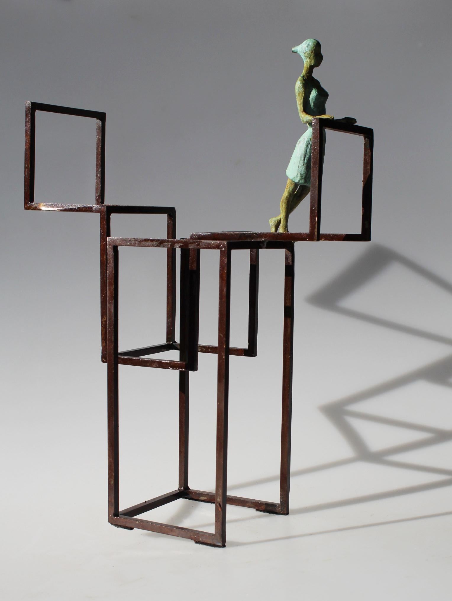 "Viewpoint" contemporary bronze table, mural sculpture figurative girl 