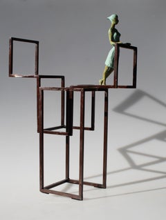 "Viewpoint" zeitgenössischer Bronzetisch, Wandskulptur figuratives Mädchen 