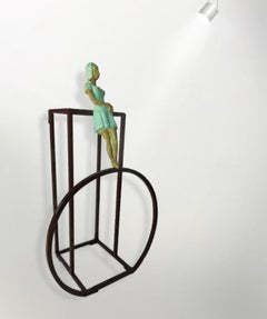 "Viewpoint II" contemporary bronze table, mural sculpture figurative girl